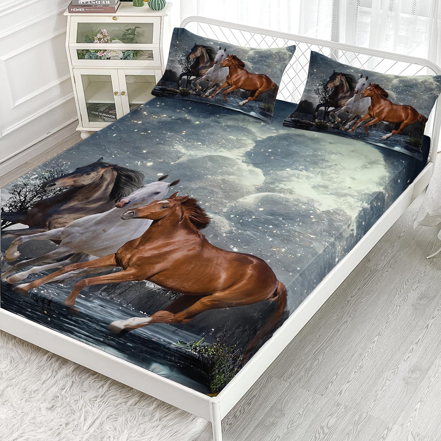 Ailonen Horse Bedding Set Full Size, Wildlife Theme Galloping Horses Bed Sheet For Kids Boys Adults Room Decor 3 Pieces Set, 1 F