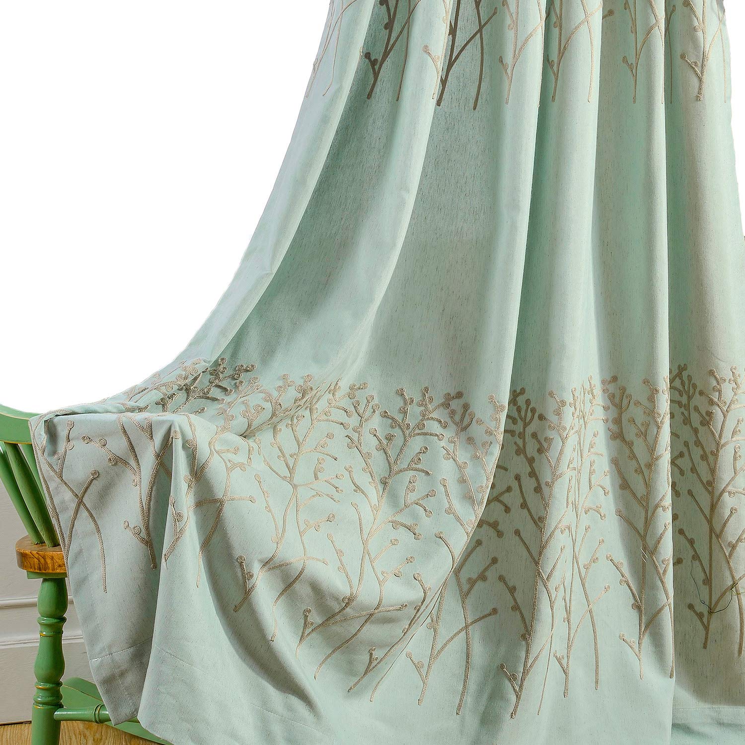 VOGOL 2 Panels Branch Embroidered Faux Linen Grommet Curtains Drapes for Bedroom/Living Room, Energy Efficient Window Treatment 