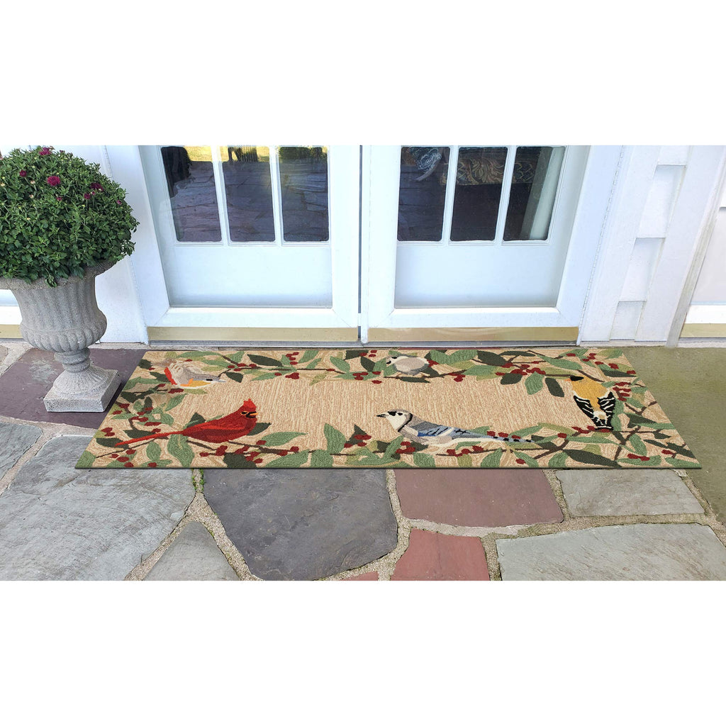 Liora Manne Frontporch Hand-Tufted Indoor/Outdoor Easy Care Area Rug Rug-Traditional, Botanical, Leaf, Contemporary, Bird Border Natural 2' X 5'