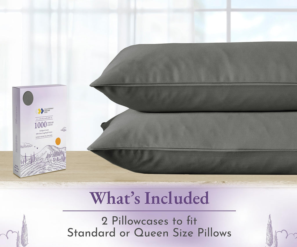 California Design Den 1000 Thread Count, Soft & Smooth, 100% Cotton Sateen Weave, Hotel-Quality, Set Of 2 Classic Style Gray Pillow Case Queen Size Fits Std & Queen Size Pillows
