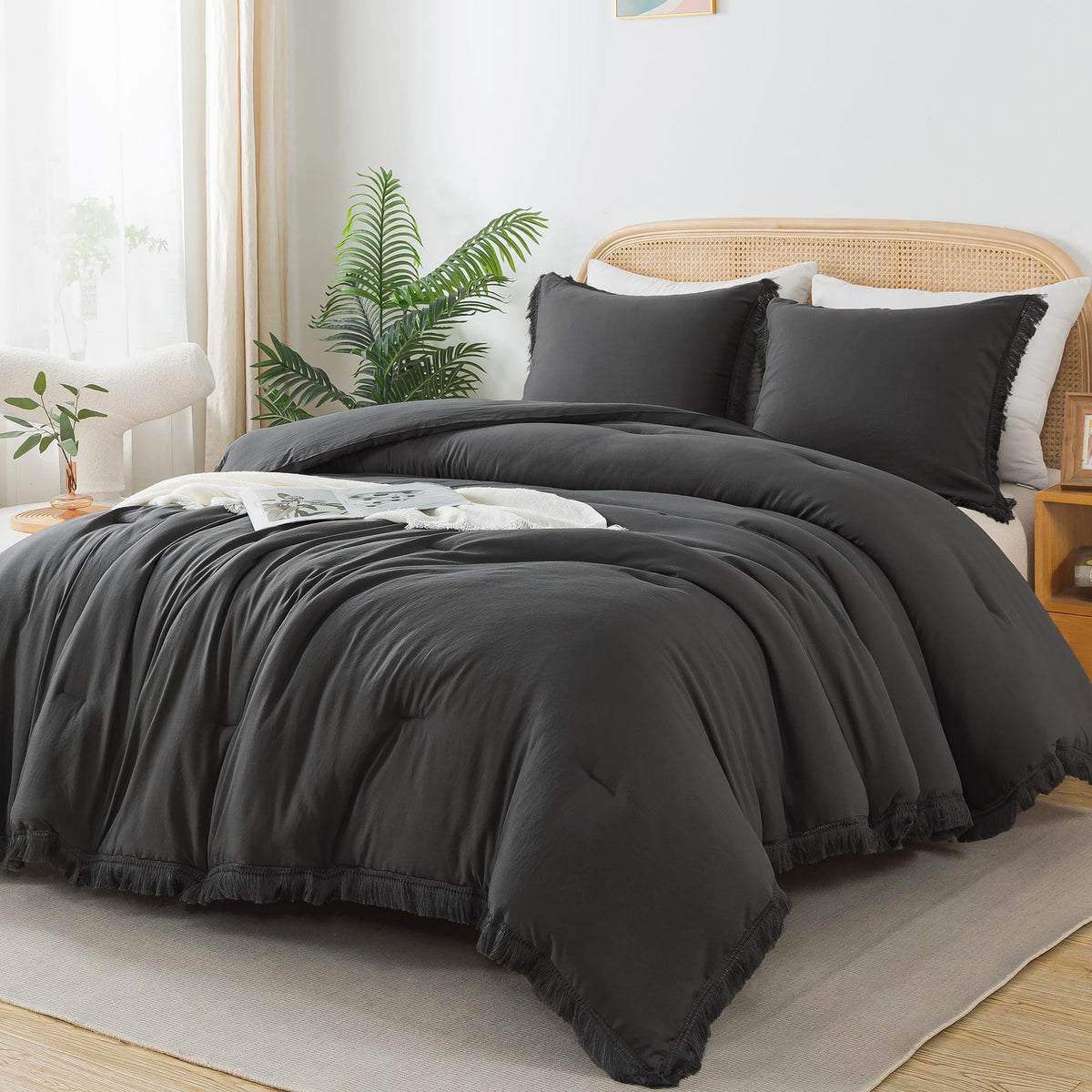 Andency Comforter King Size Bed Set Dark Grey, 3 Pieces Boho Lightweight Winter Bedding Comforters & Sets, All Season Soft Tassel Bed Set (104X90In Comforter & 2 Pillowcases)