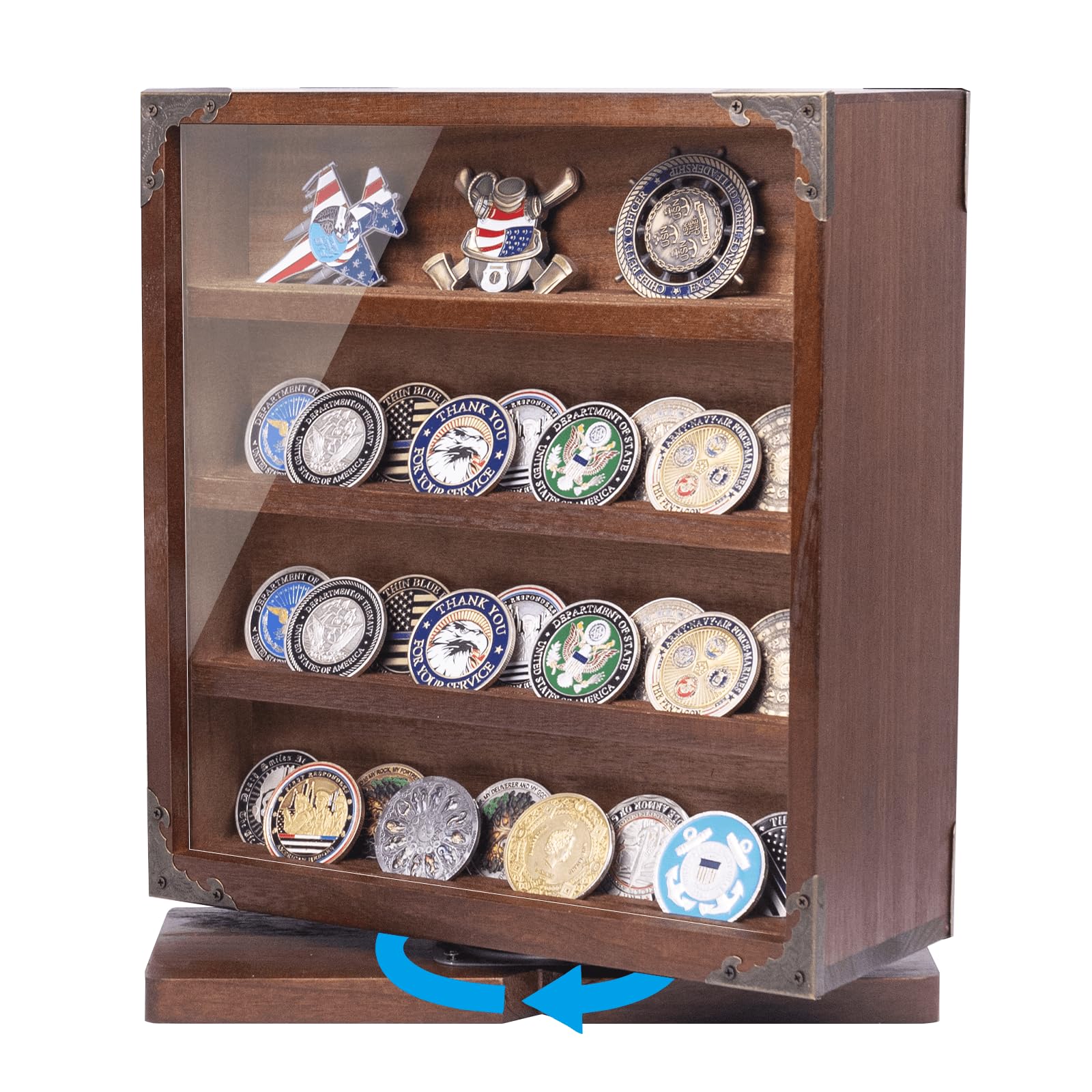 Rotating Challenge Coin Display Cabinet, Double-Sided Storage Display, Military Coin Holder Display,4 Layers & 2 Grooves, The Id