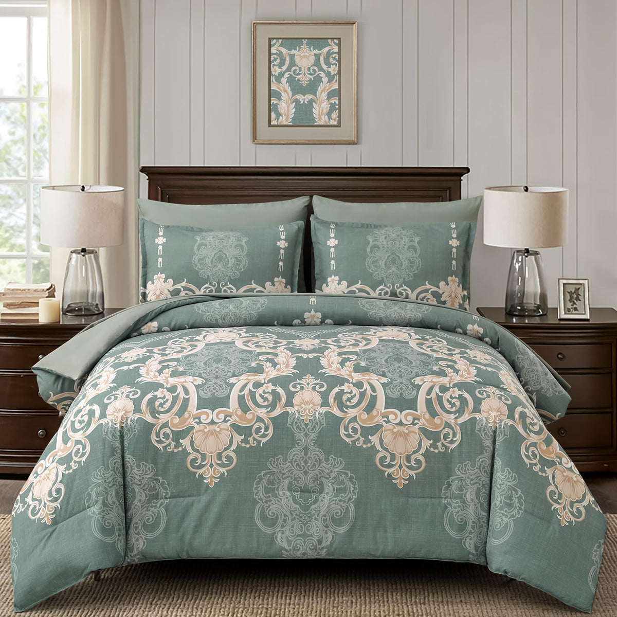 Mybedsoul Sage Green Queen Comforter Set, 7 Pieces Boho Bed In A Bag For Queen Bed, Damask Comforter With Sheets Pillowcases, So