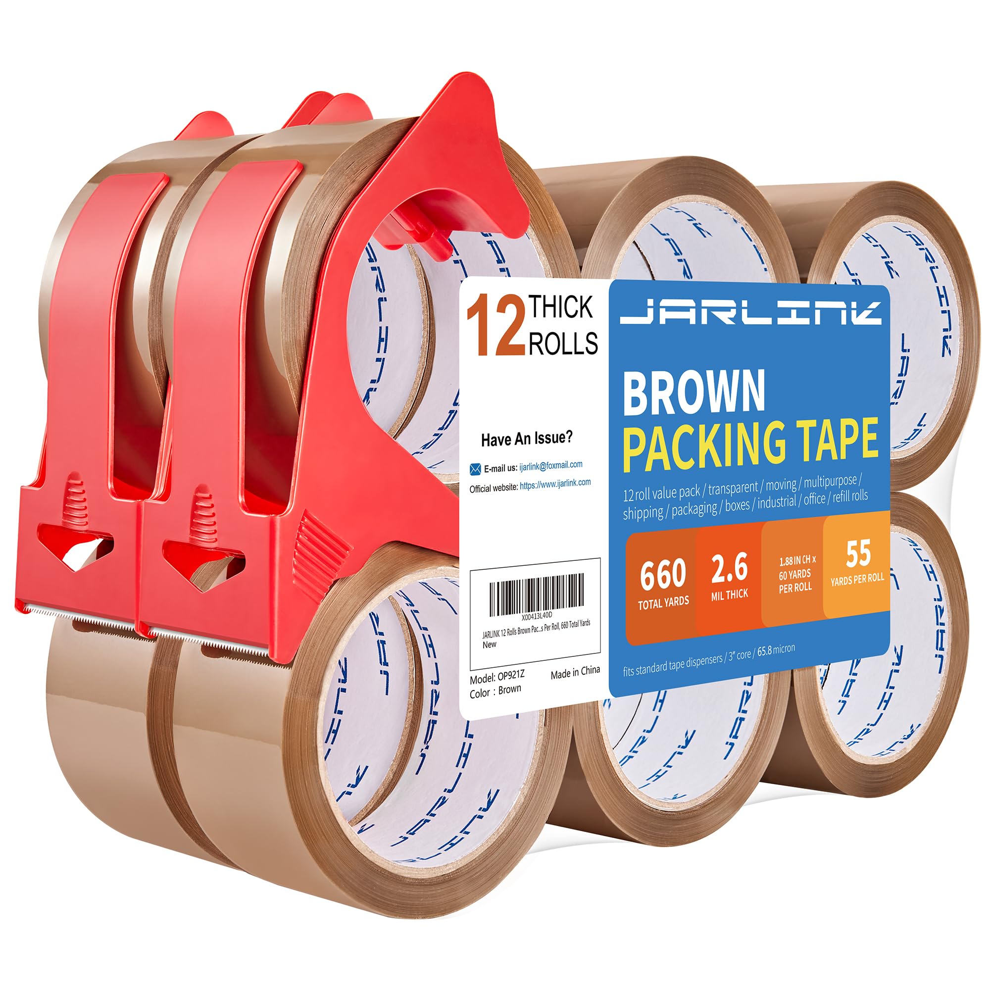 Jarlink 12 Rolls Brown Packing Tape With Dispenser, Heavy Duty Packaging Tape Refills For Shipping Packaging Mailing, 2.6Mil Thi