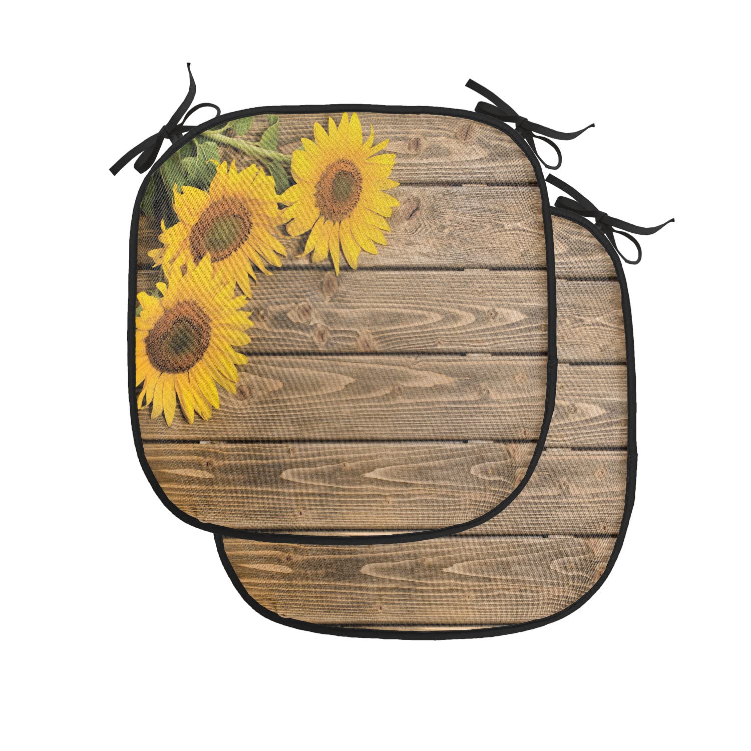 Lunarable Sunflower Chair Cushion Pads Set Of 2, 3 Sunflowers On Wooden Background At Top Left Corner Picture Print, Anti-Slip S