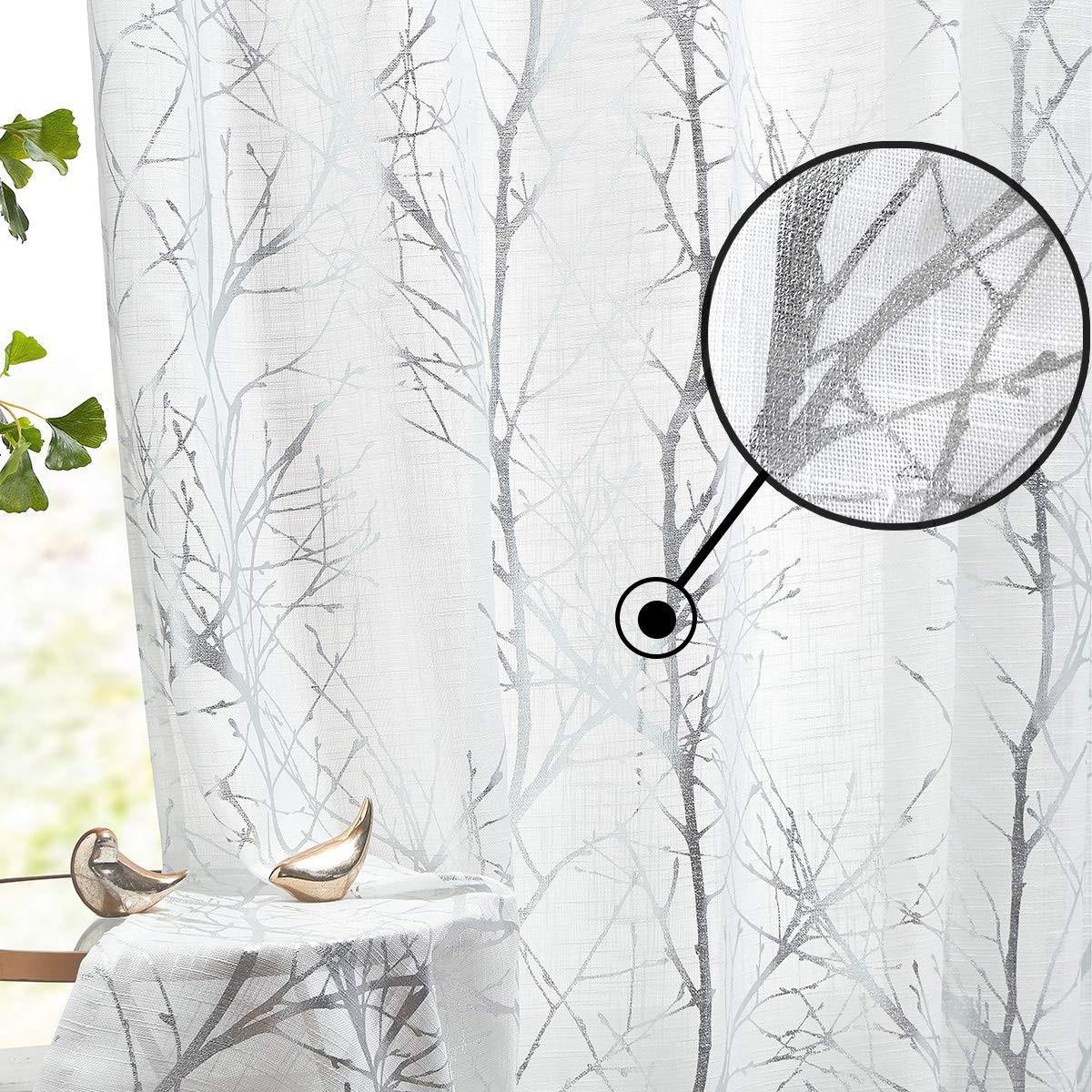 Fmfunctex Silver Branch White Sheer Curtains For Living Room 96' Length Metallic Print Tree Curtain Panels With Linen Textured