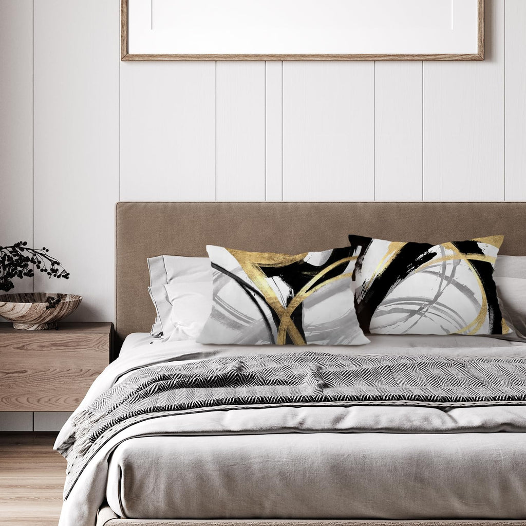 Supwhd Black White And Gold Pillow Covers, Abstract Black And Gold Pillow Covers 12X20 Set Of 2, Modern Boho Home Decor, Black A