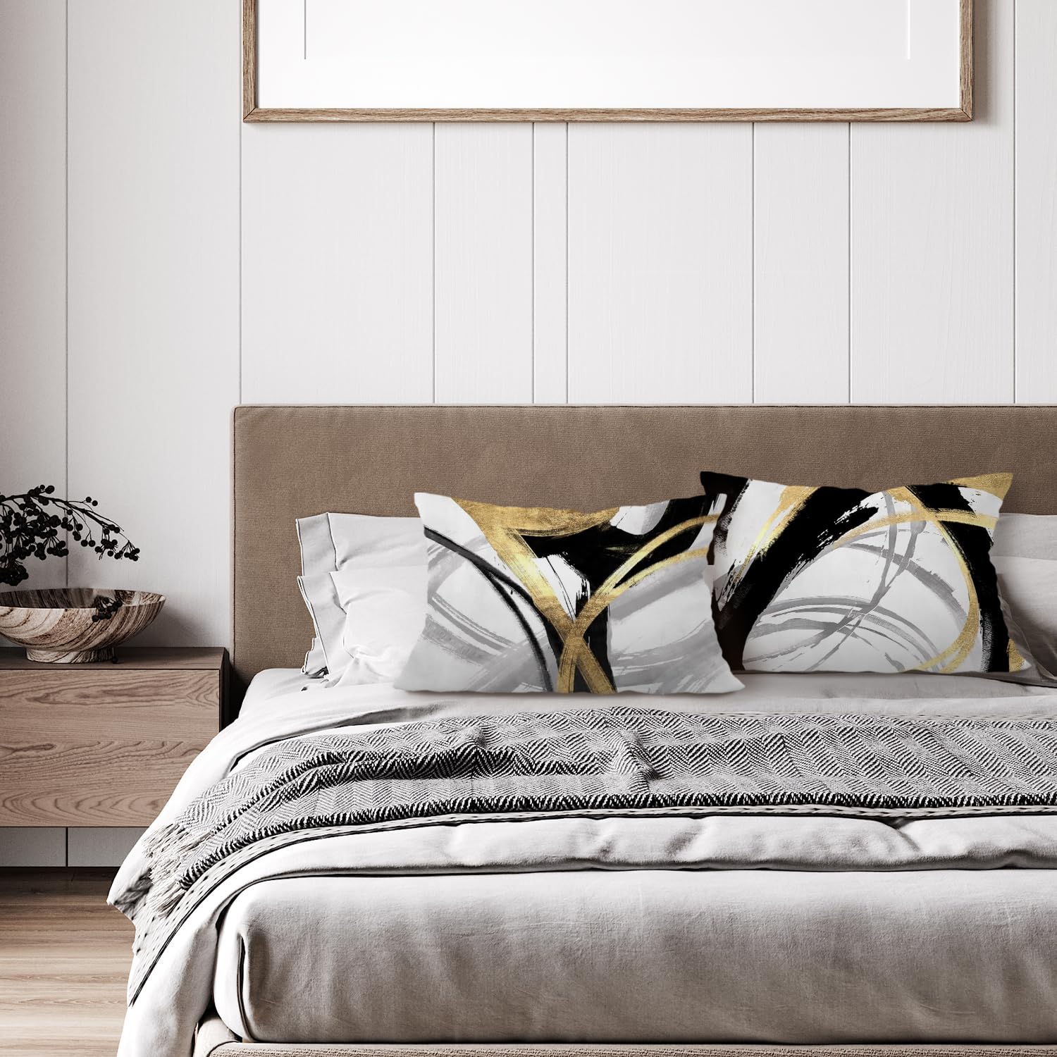 Supwhd Black White And Gold Pillow Covers, Abstract Black And Gold Pillow Covers 12X20 Set Of 2, Modern Boho Home Decor, Black A