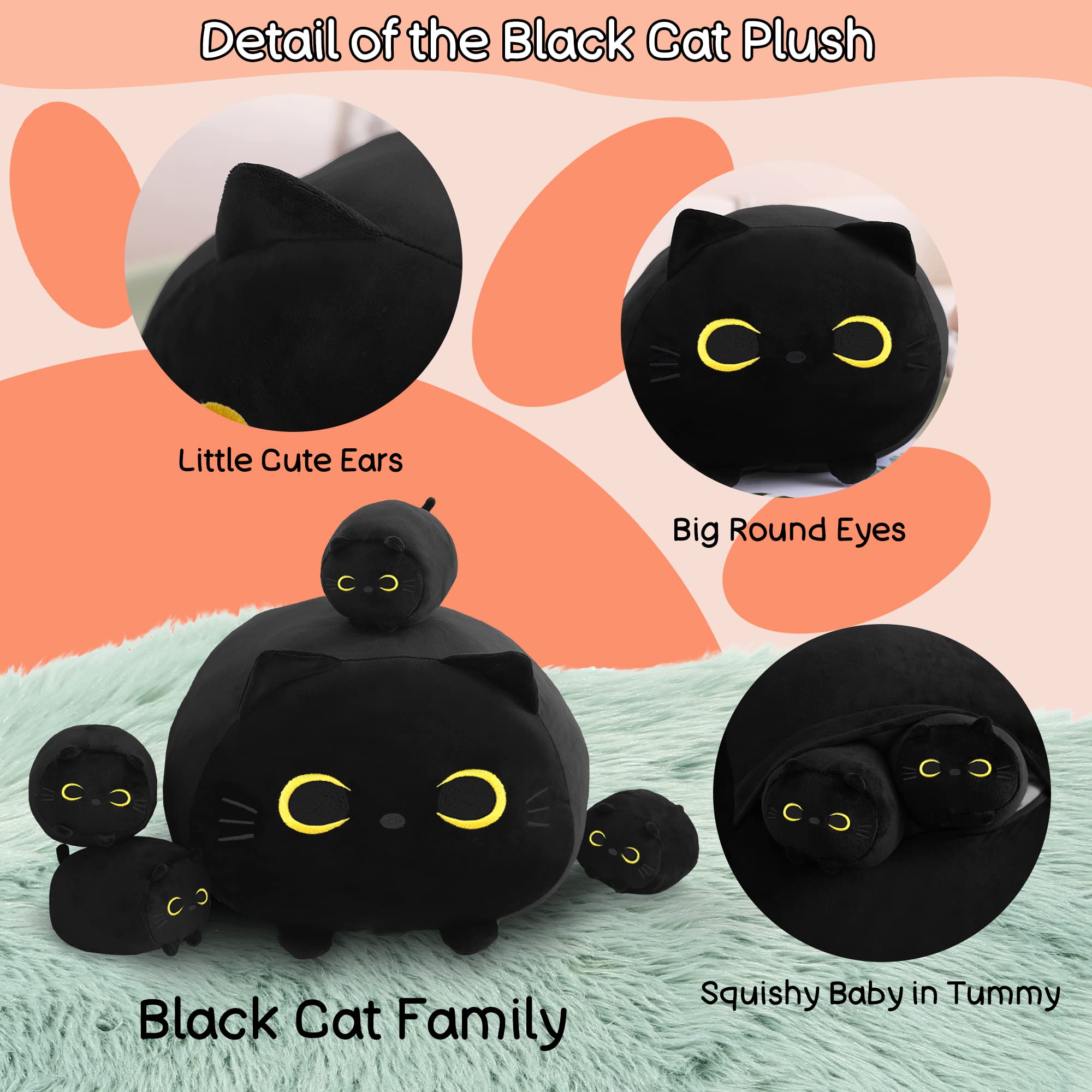 Sqeqe Black Cat Plush, Black Cat Stuffed Animals Plushie With 4 Cute Babies Cat Plushies In Her Tummy, Soft Black Cat Plushie Pi