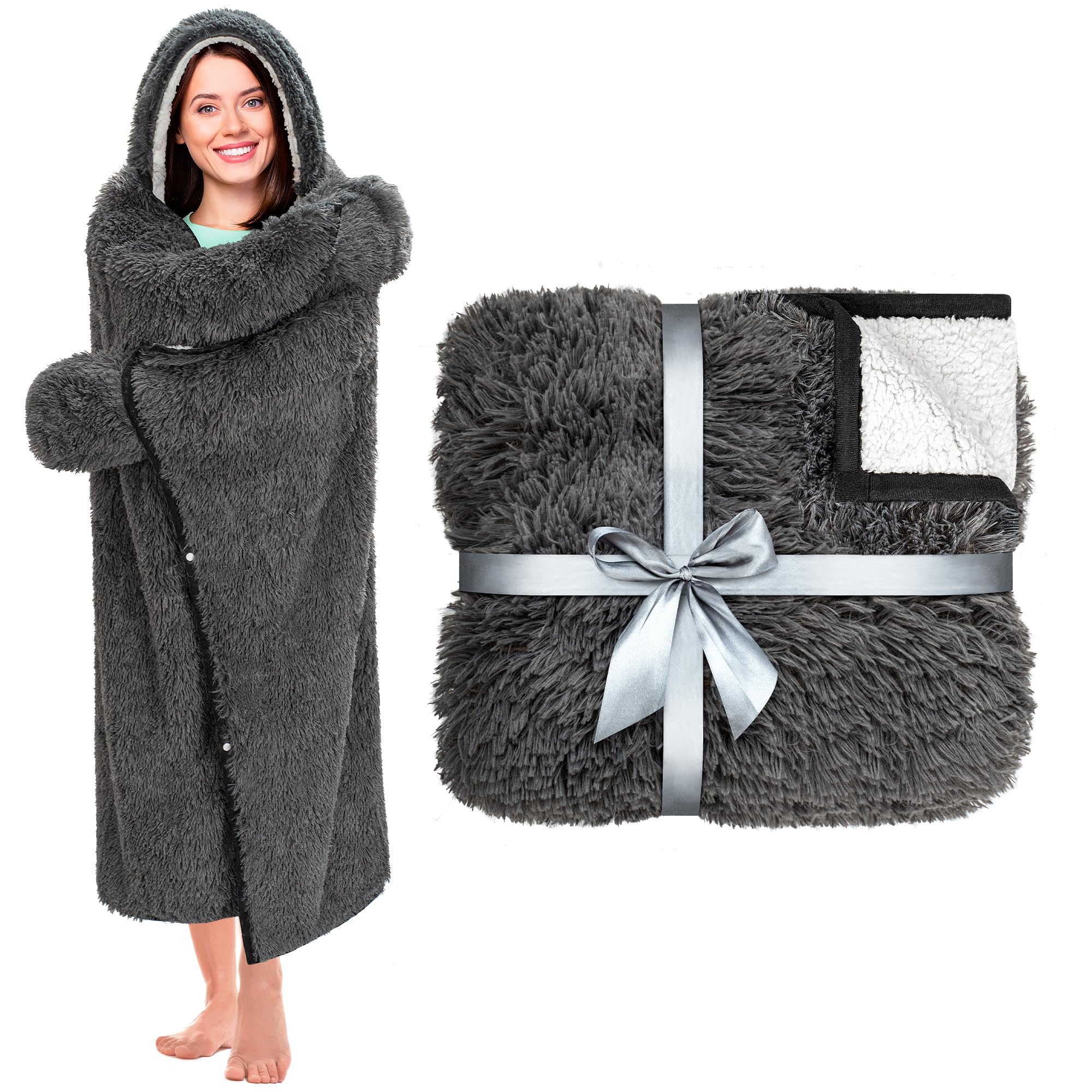 Happy Fuel Dark Grey Wearable Throw Blanket Hoodie For Women- Thick Cozy 52'X60' Sherpa Fleece Shaggy Decor For Couch, Bed & S