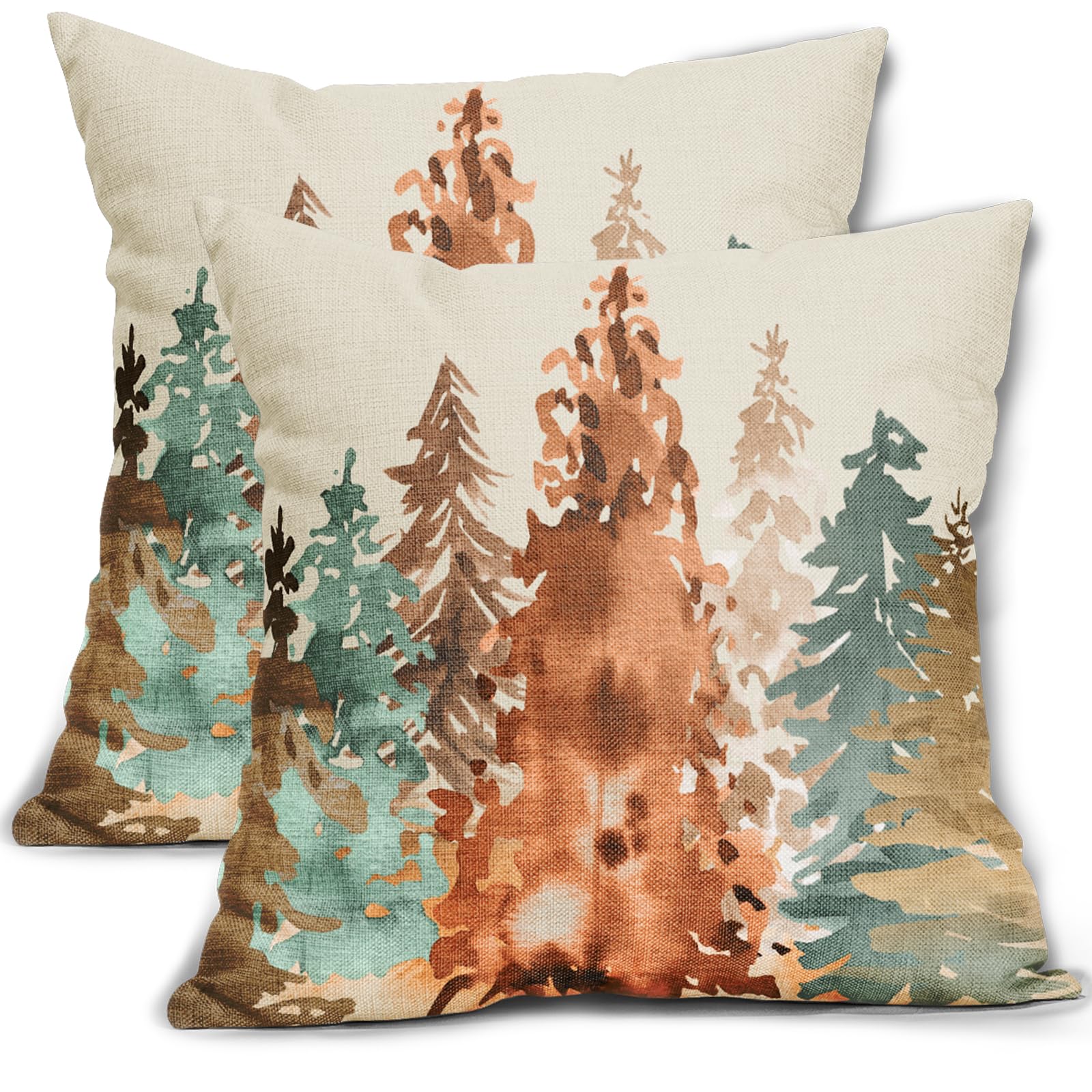 Fall Pillow Covers 18X18 Set Of 2 Rustic Style Watercolor Tree Brown Blue Orange Autumn Color Nature Themed Forest Print Decorat