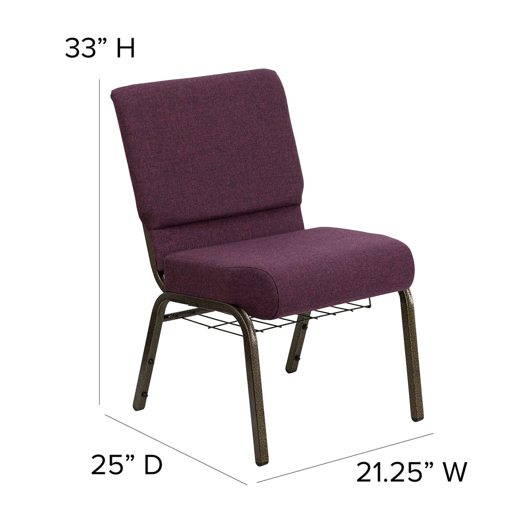 Flash Furniture Hercules Series 21''W Church Chair In Plum Fabric With Cup Book Rack - Gold Vein Frame