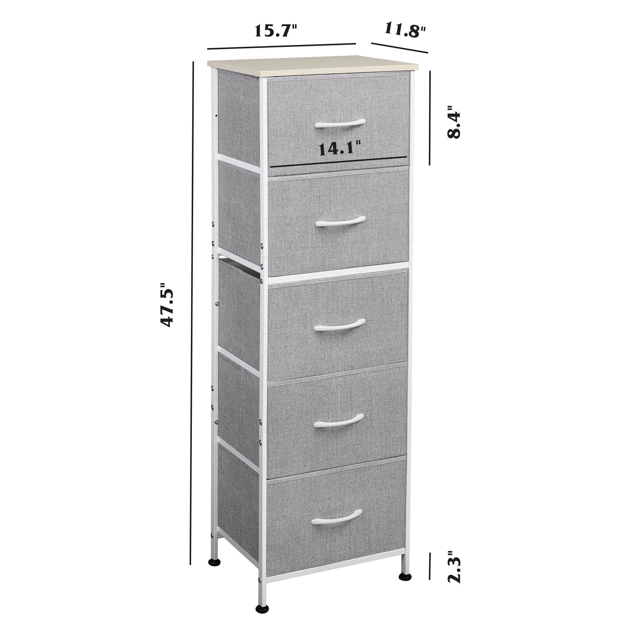 Wlive Fabric Dresser, 5-Drawer Tall Dresser For Bedroom, Storage Dresser Organizer With Fabric Bins, Wood Top, Sturdy Steel Frame, Chest Of Drawers For Closet, Hallway, Light Grey