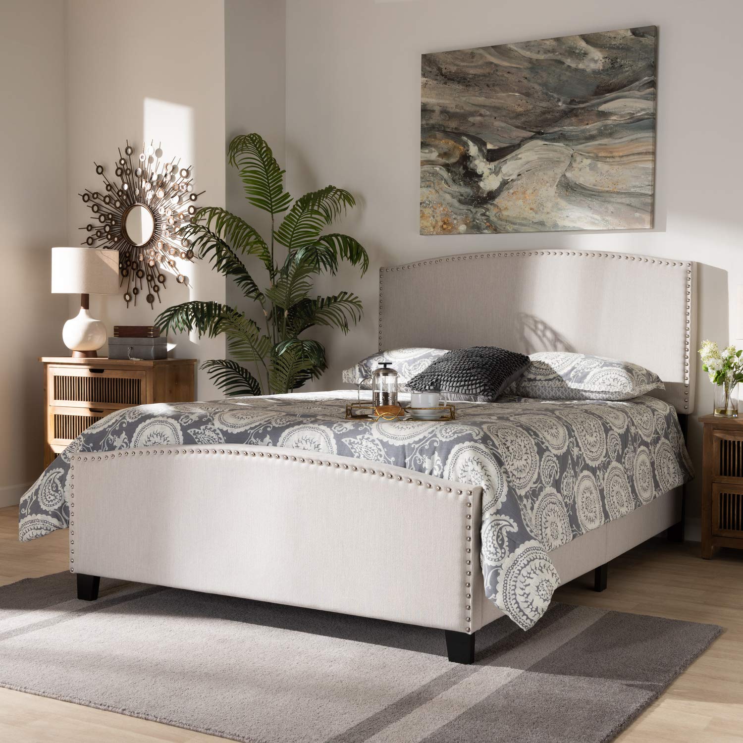 Baxton Studio Morgan Modern Transitional Beige Fabric Upholstered Queen Size Panel Bed