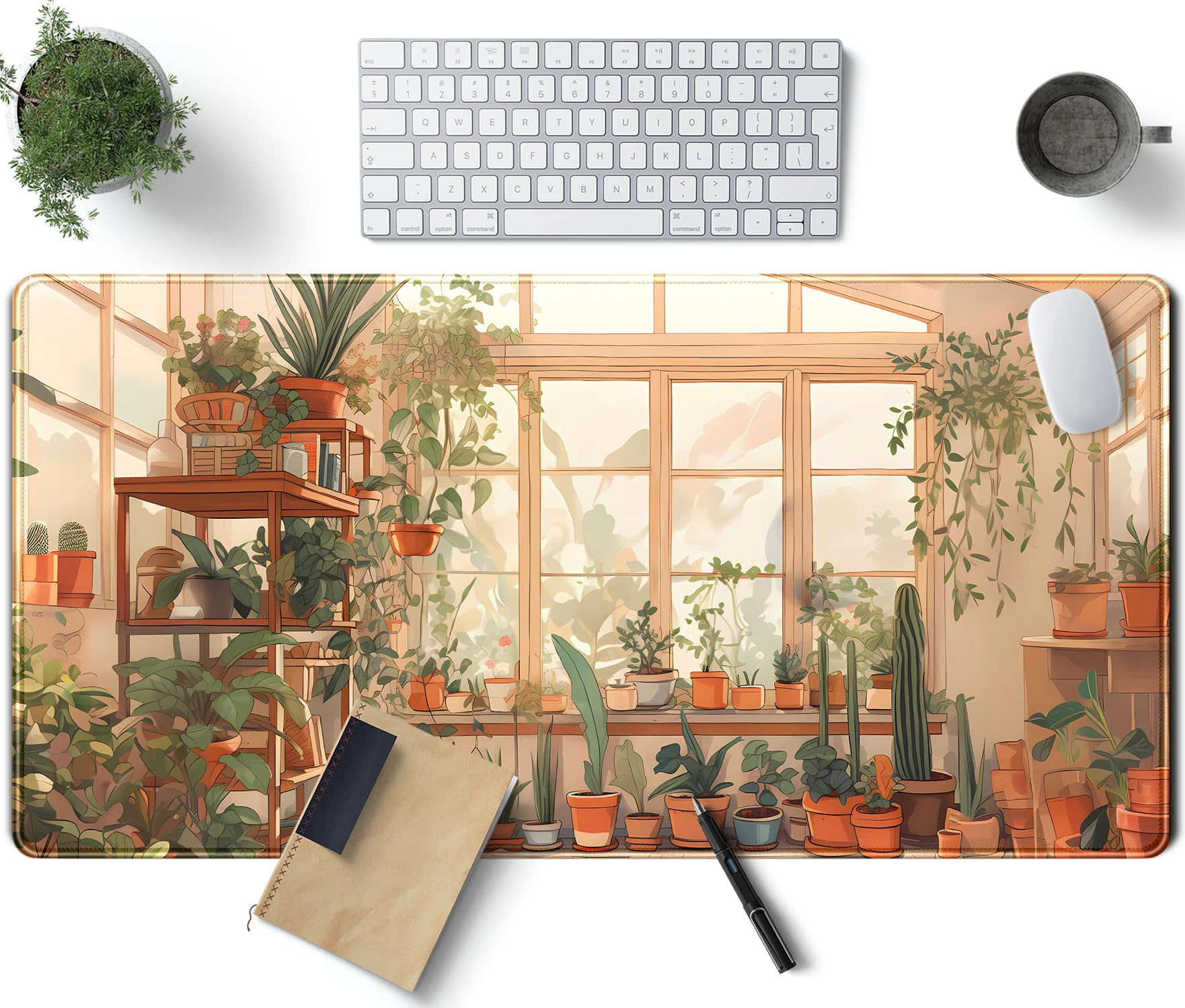Cute Plant Lover Desk Mat Cozy Mouse Pad Beige, Xxl Large Extended Earthy Brown Green Aesthetic Floral Mousepad Gaming Desk Pad,
