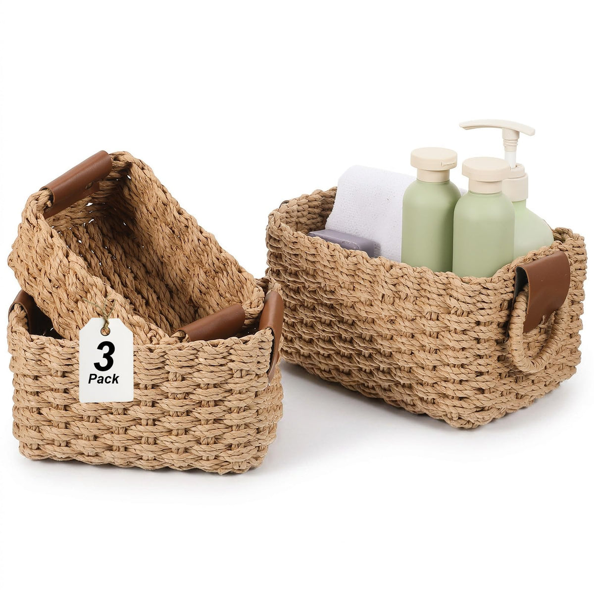 Afcabakila 3 Piece Woven Storage Basket Set, Small Recycled Paper Rope Storage Basket for Organizing Bathroom Shelves Drawer, Cu