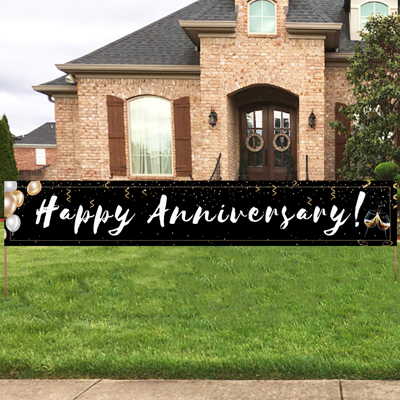 Tzss Happy Anniversary Decorations, Black Happy Anniversary Banner Yard Signs, Wedding Anniversary Decorations For Party(118' X