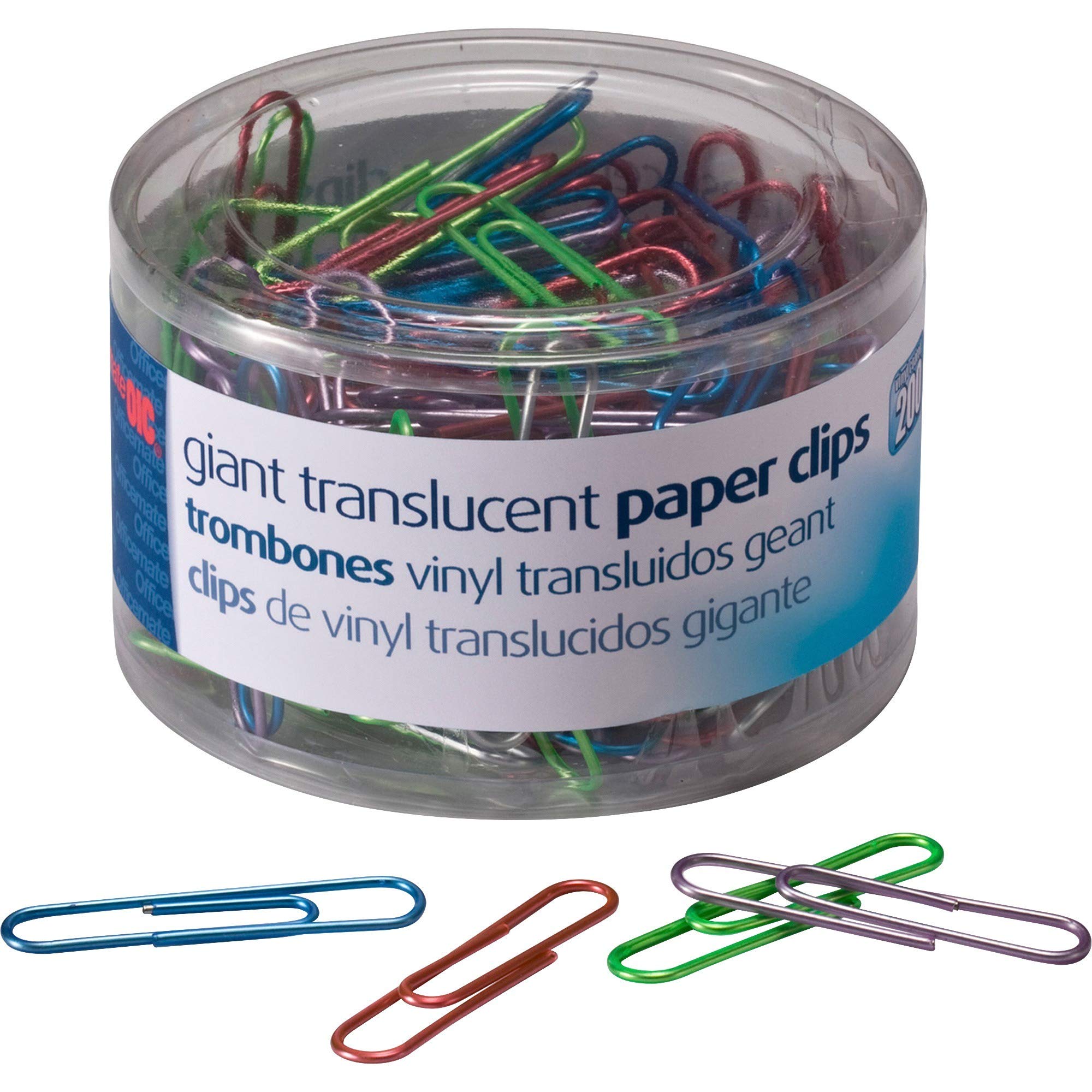 Officemate International Corp. 97212 Translucent Paper Clips,Vinyl,Giant,200/Pk,Be/Pe/Gn/Rd/Sr