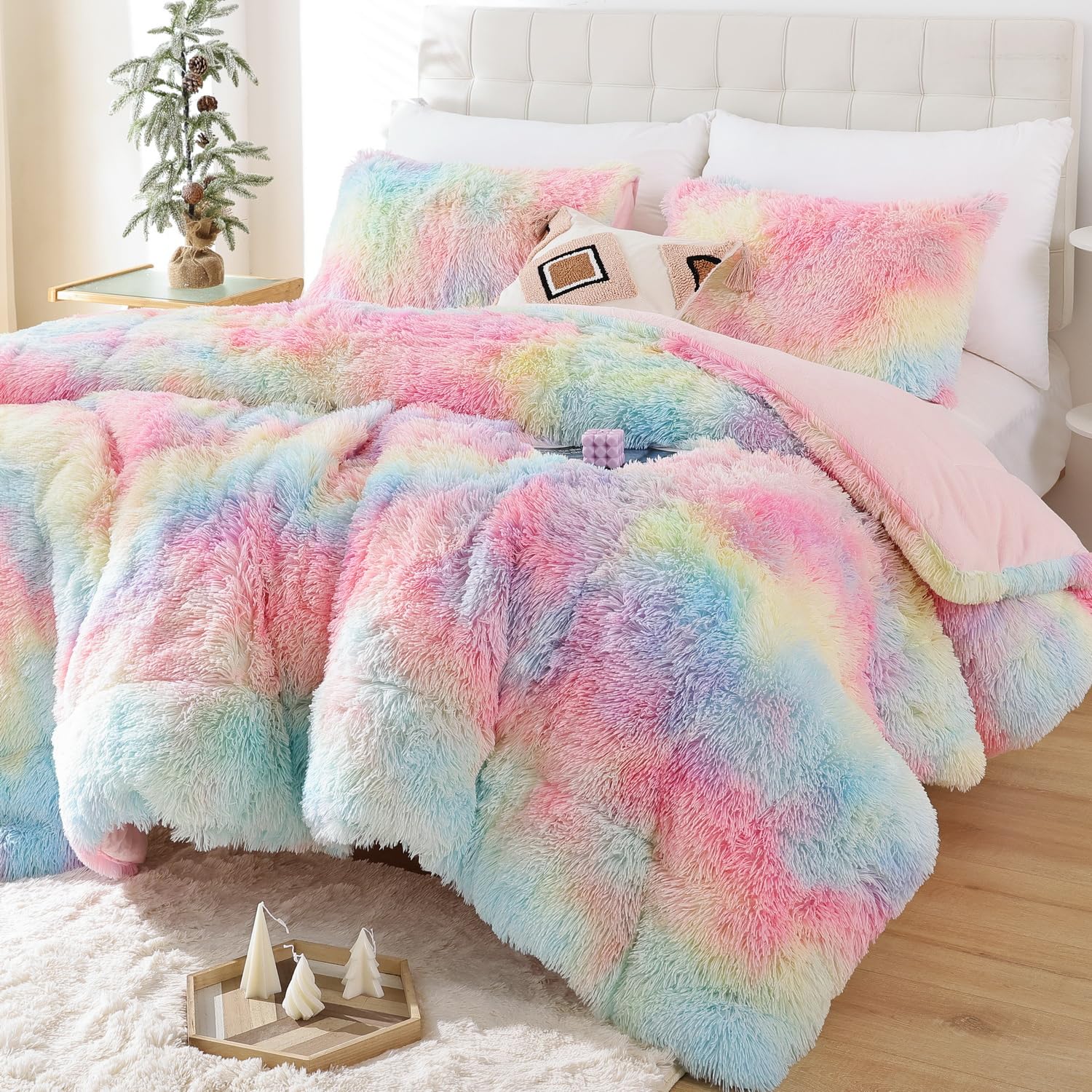 Smoofy Faux Fur Rainbow Comforter Set Queen Size 3Pcs Tie Dye Colorful Fluffy Fuzzy Plush Comforter Set Cute Soft Shaggy Velvet 