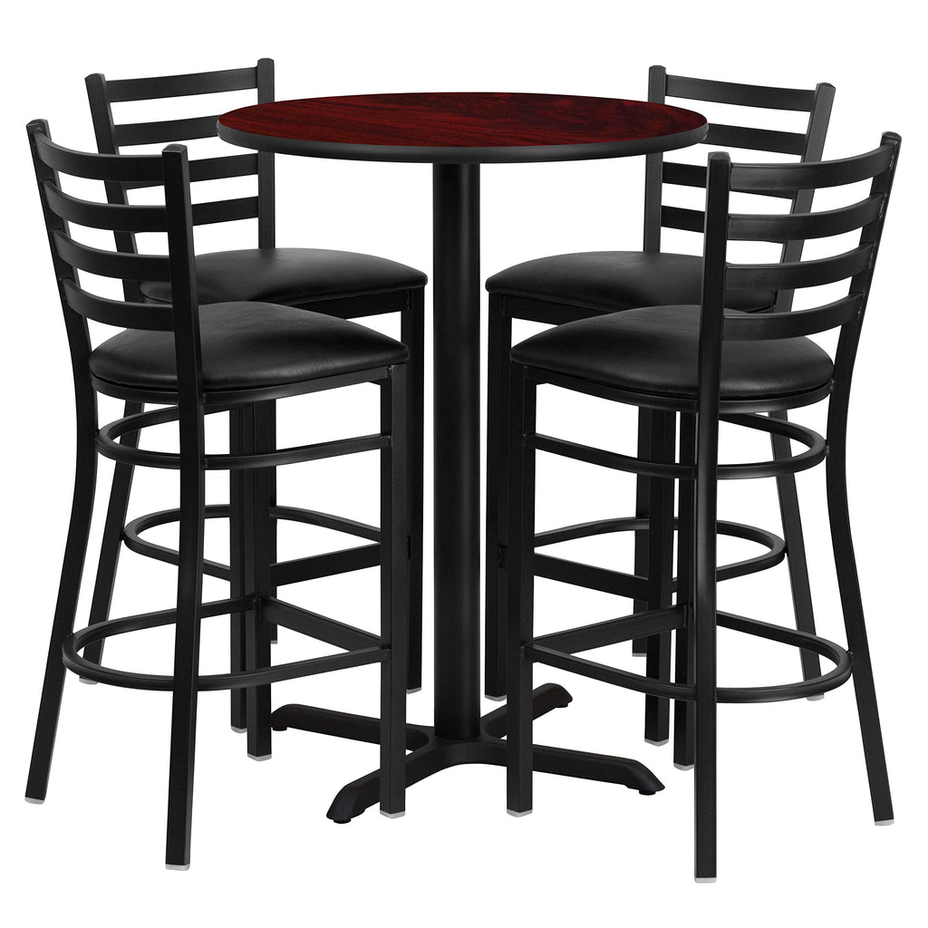Flash Furniture 30'' Round Mahogany Laminate Table Set with X-Base and 4 Ladder Back Metal Barstools - Black Vinyl Seat