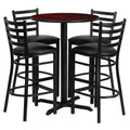 Flash Furniture 30'' Round Mahogany Laminate Table Set with X-Base and 4 Ladder Back Metal Barstools - Black Vinyl Seat