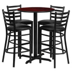 Flash Furniture 30'' Round Mahogany Laminate Table Set with X-Base and 4 Ladder Back Metal Barstools - Black Vinyl Seat