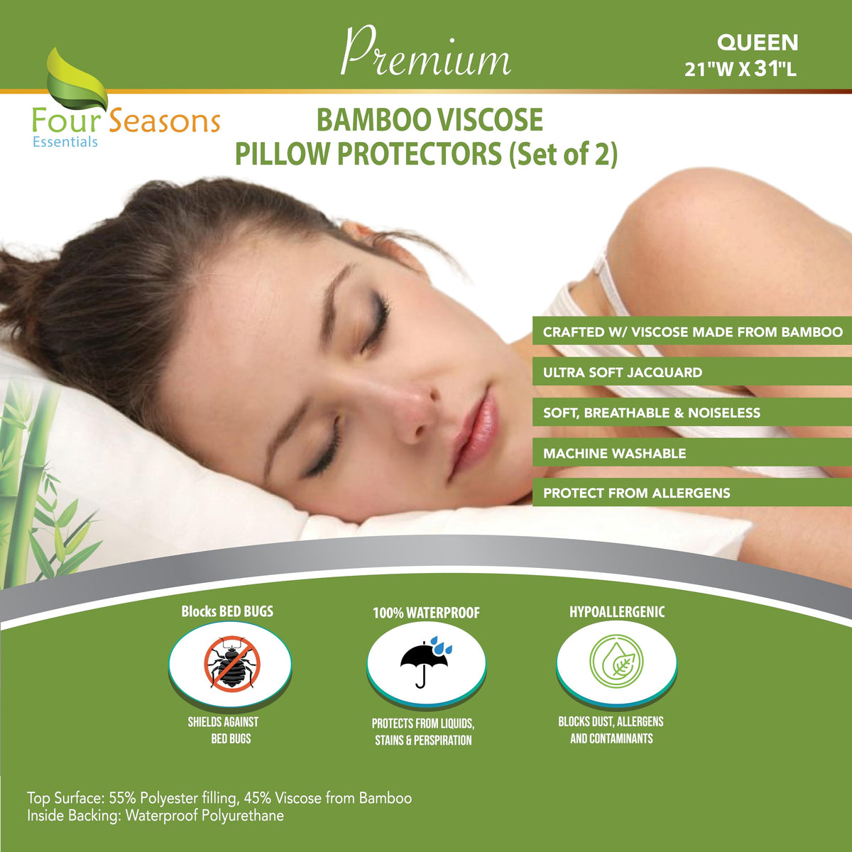 Four Seasons Essentials Queen Size Waterproof Pillow Protectors (Set Of 2) - Natural Viscose Derived From Bamboo Pillow Covers -