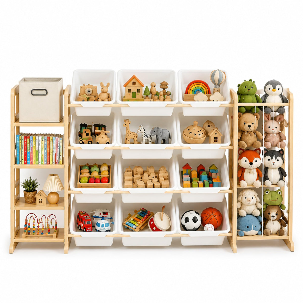 TitanLink Toy Storage Organizer & Bookshelf, 12Bin Toy Box for Toddlers, Boys, Girls (White/Bookshelf+Toy Storage Bins+Stuffed 