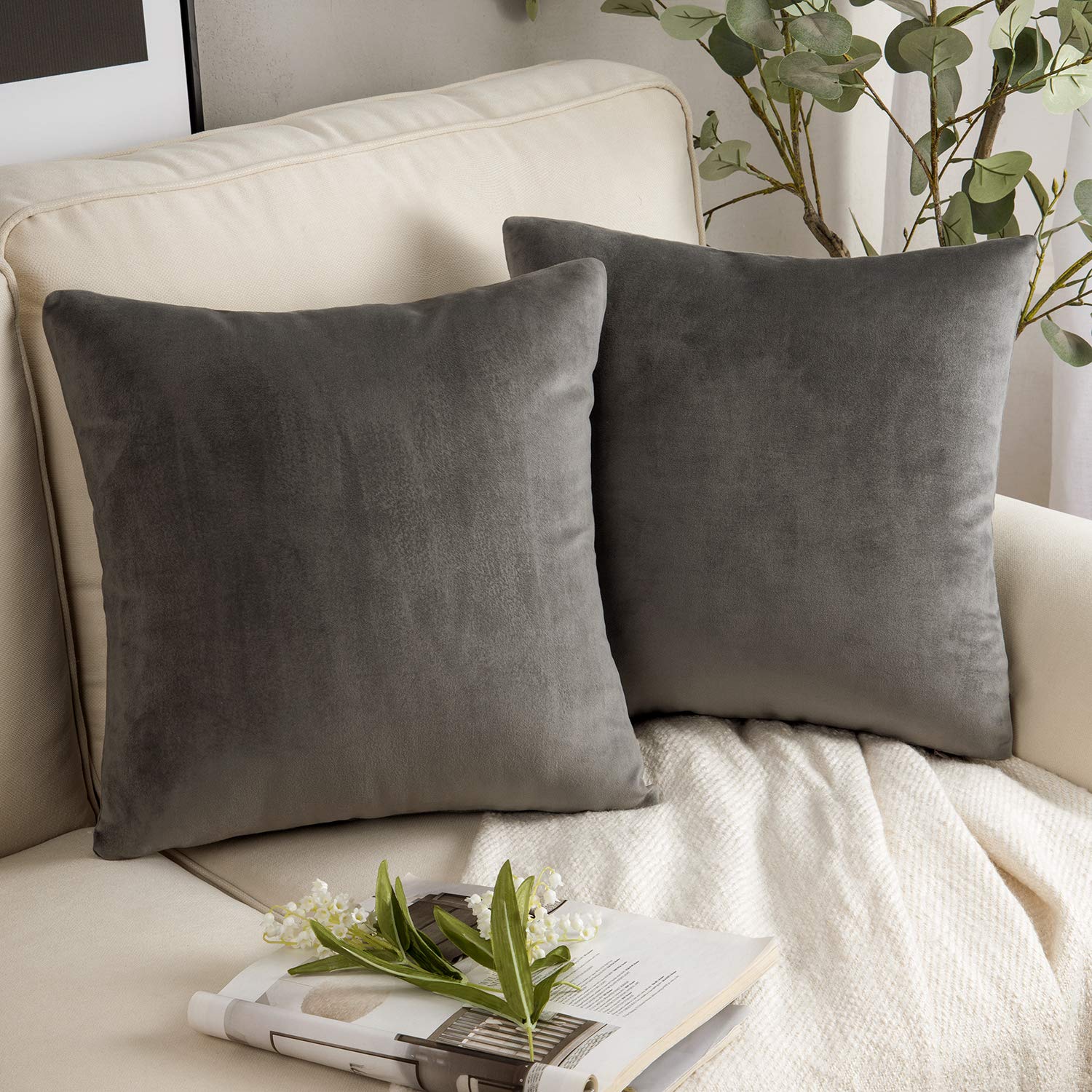 Phantoscope Pack Of 2 Velvet Decorative Throw Decorative Pillow Cover Soft Solid Square Cushion Case For Couch Dark Grey 22 X 22