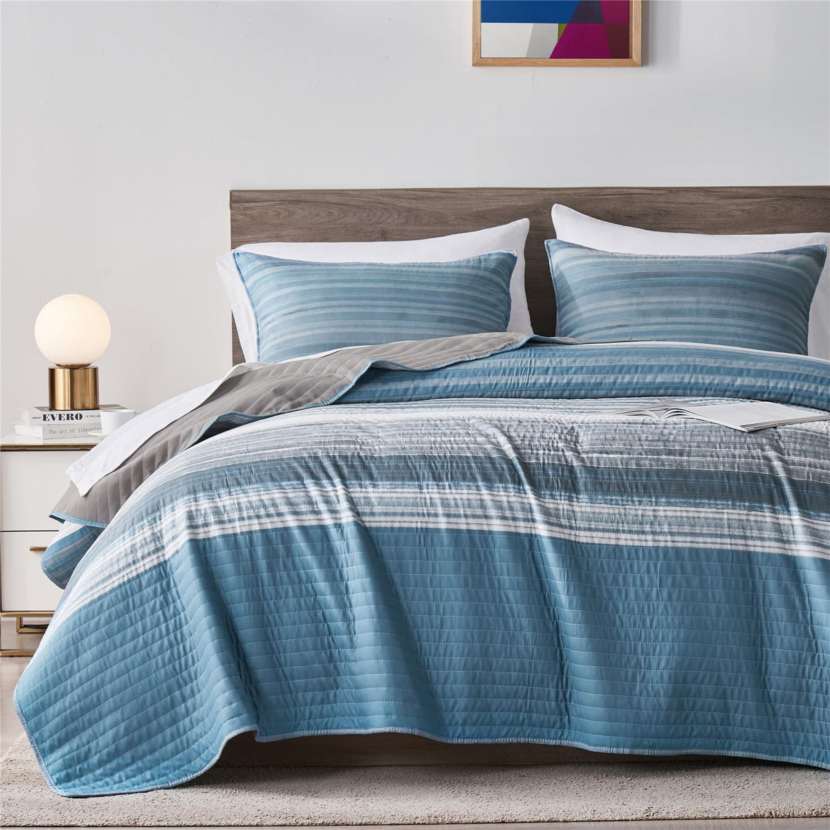 Kakijumn Twin Quilt Bedding Set, White Grey And Blue Patchwork Striped Quilt Set, 2 Pieces Soft Lightweight Bedspread Coverlet S
