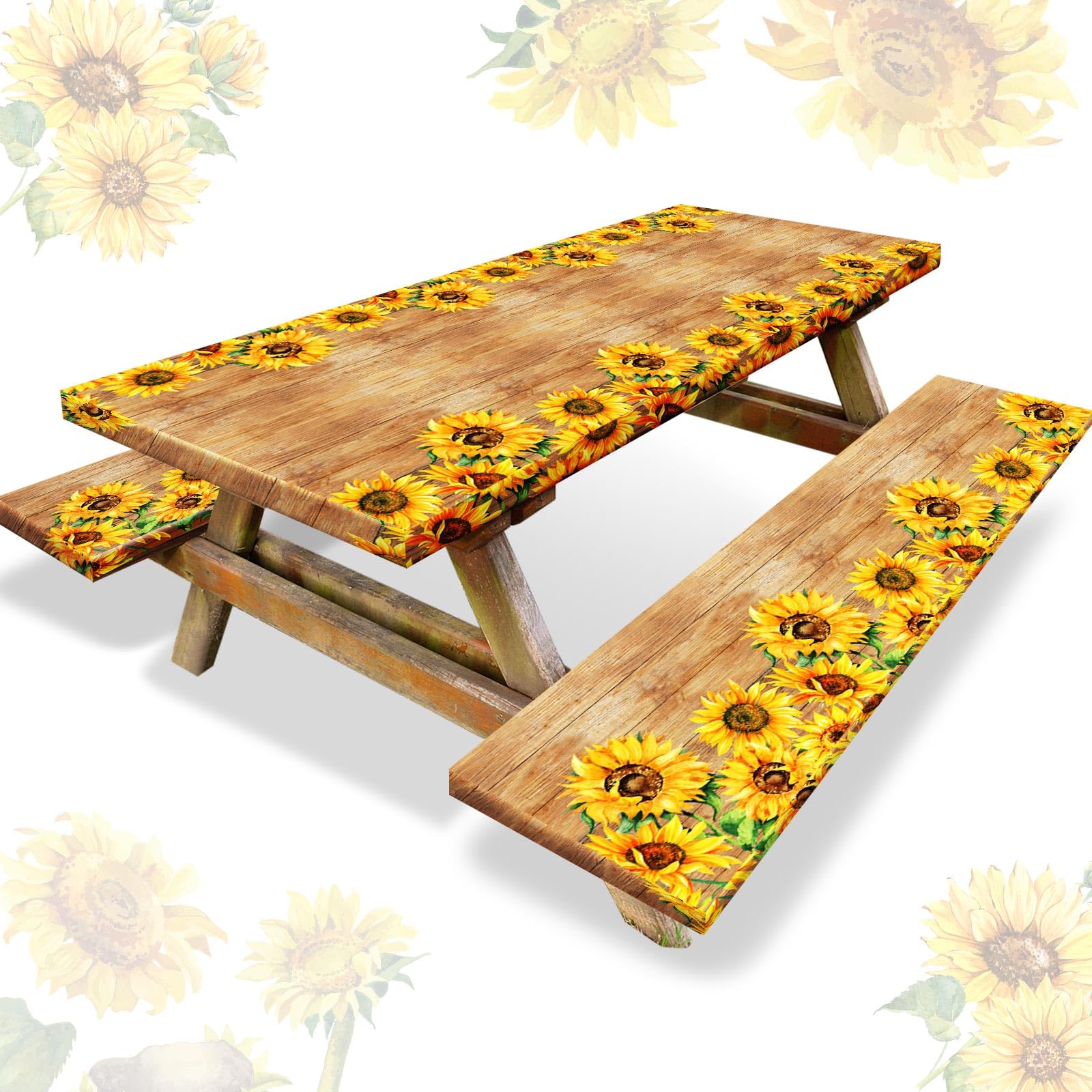 3 Pcs Vinyl Picnic Table And Bench Fitted Tablecloth Cover Set 6 Ft 30 X 72 Inch Flannel Backing Rectangular Elastic Edged Picnic Table Cover For Summer Outdoor Patio Travel (Retro Sunflower)