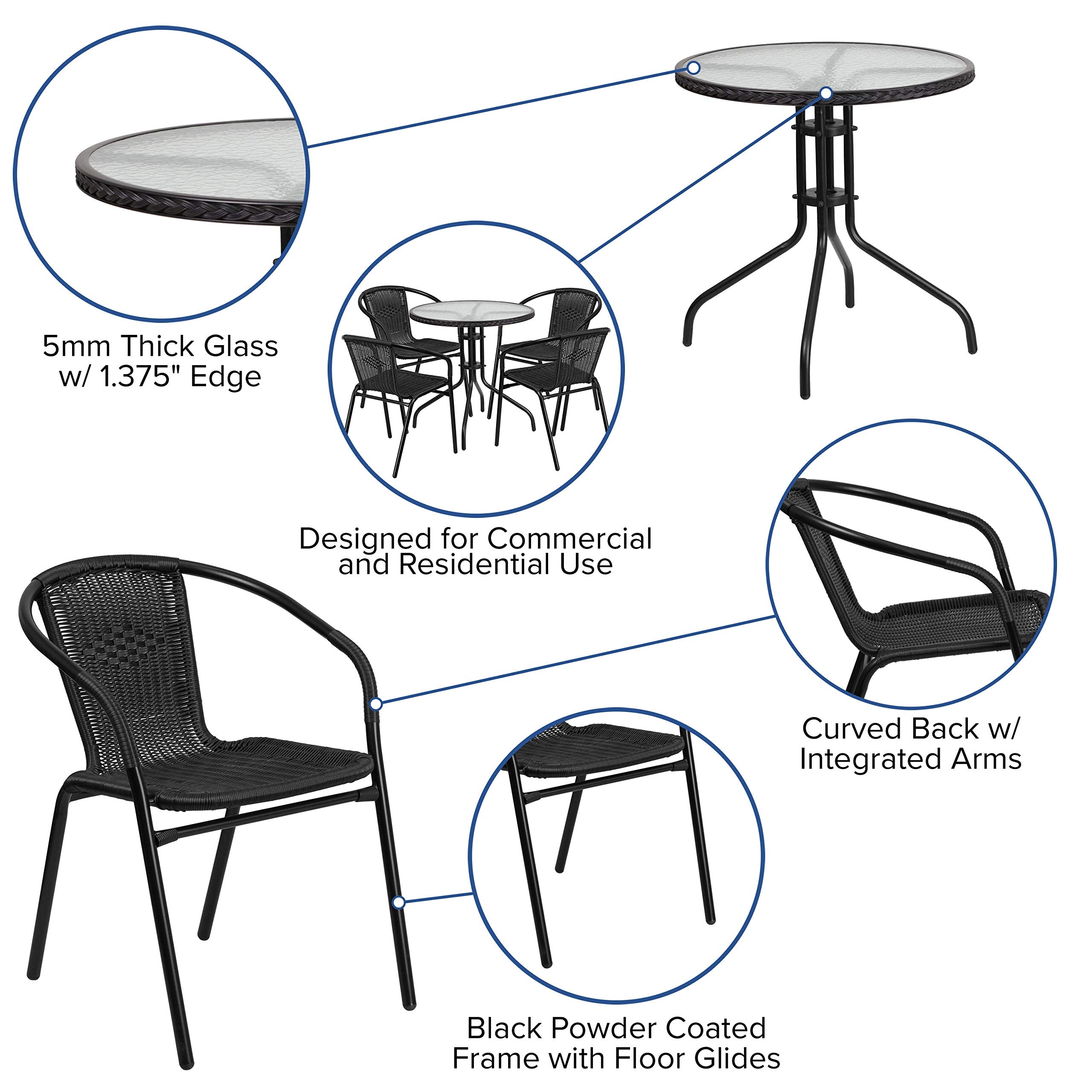 Flash Furniture Lila 28'' Round Glass Metal Table With Black Rattan Edging And 4 Black Rattan Stack Chairs