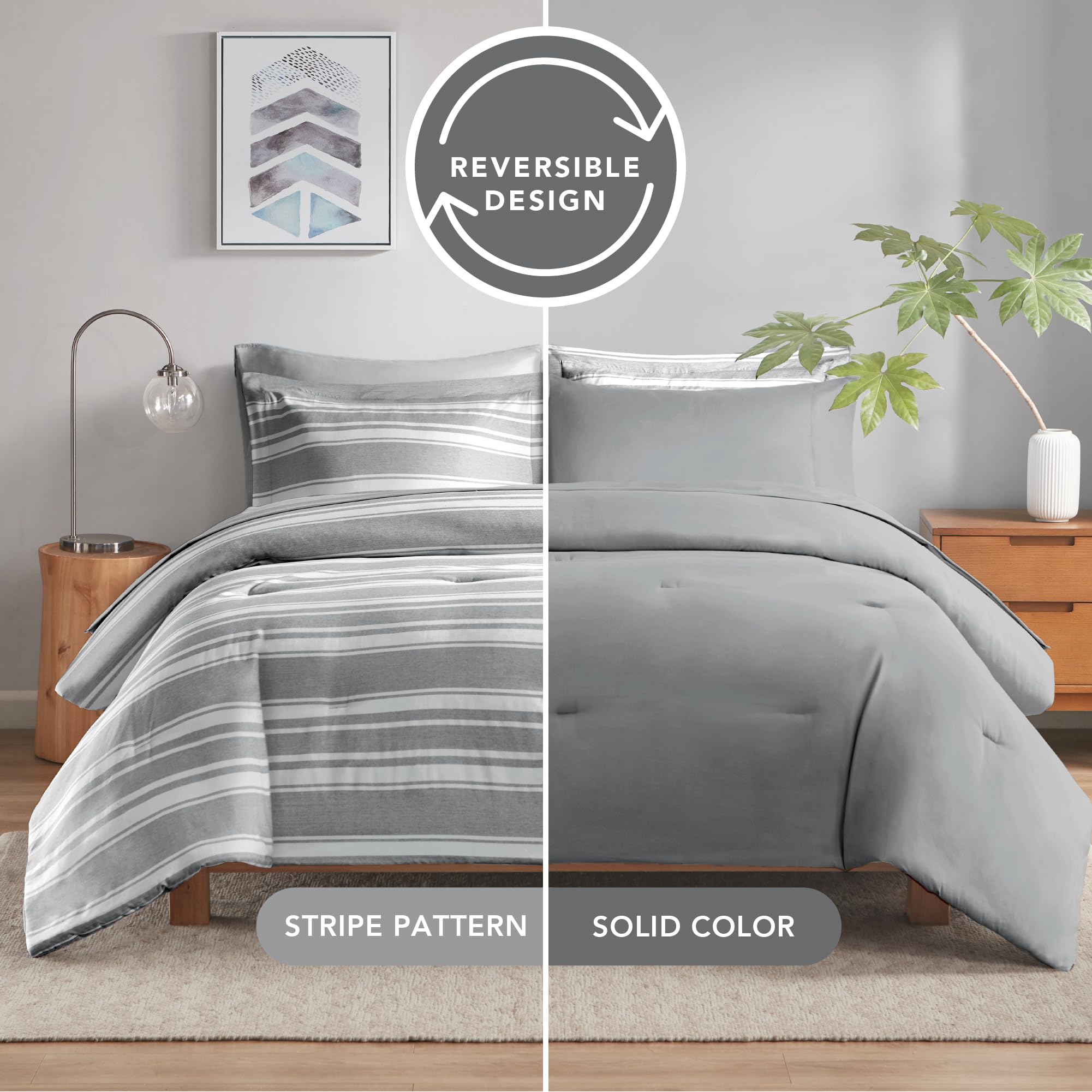 King Size Bed In A Bag, Full Bedding Sets, Modern Farmhouse Grey And White Striped Comforter With Sheets, 7-Piece Complete Bedro