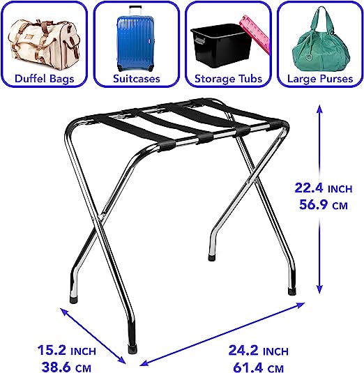 Foldable X-Shape Luggage Rack with Nylon Straps & Rubber Feet, Chrome Finish
