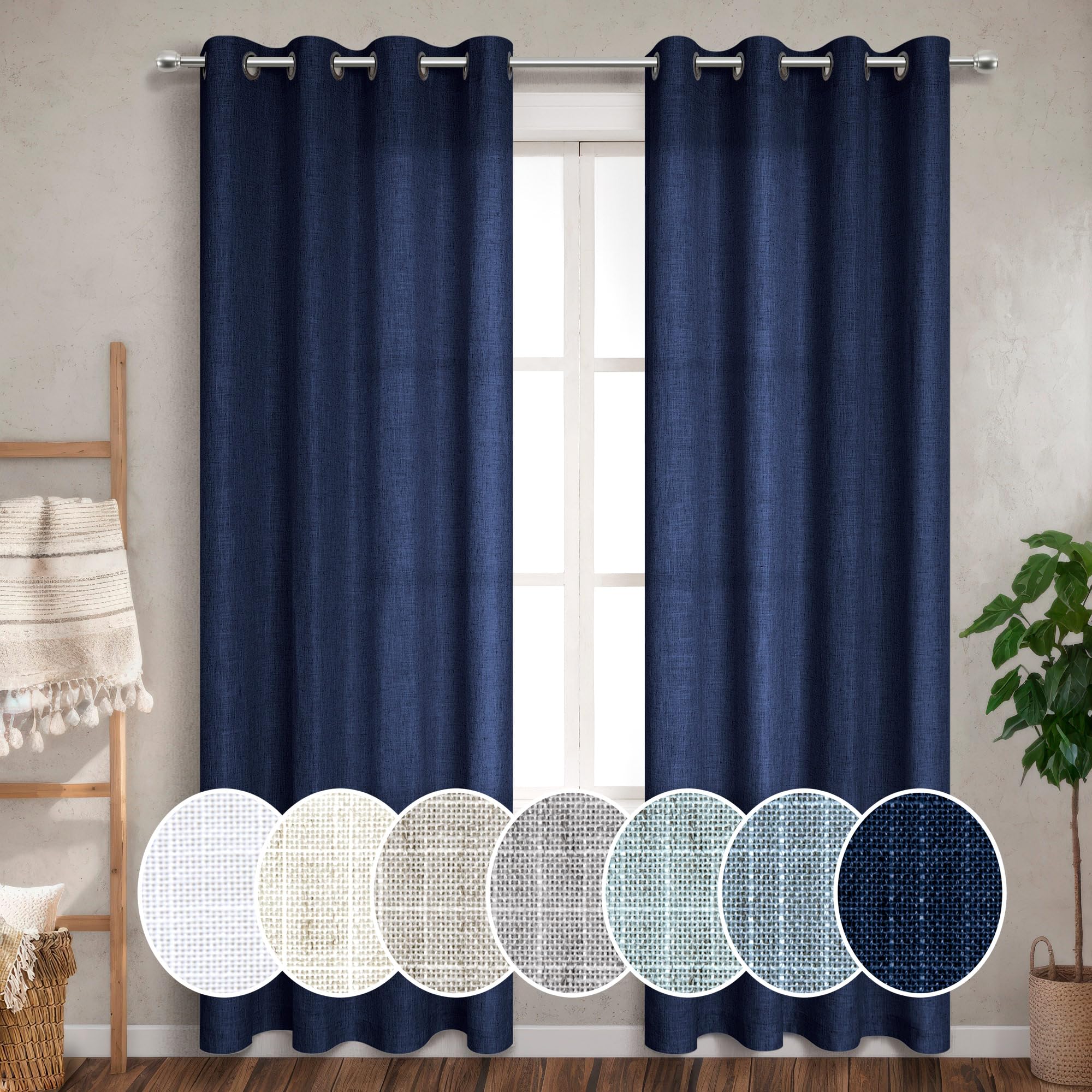 Pitalk Navy Blue Linen Curtains 90 Inch Length 2 Panels Set For Living Room Grommet Drapes Light Filter Semi Sheer Opaque Dark B