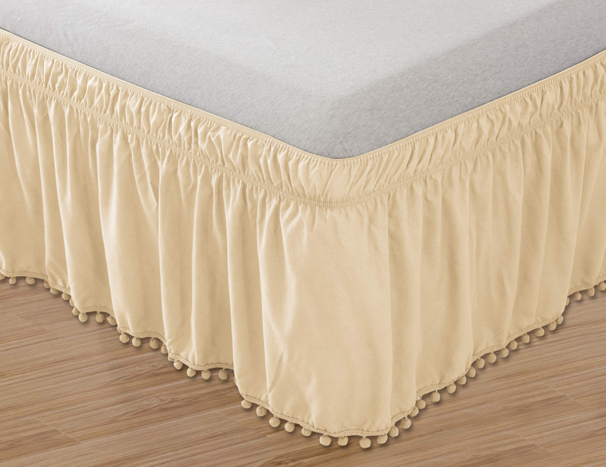 Elegant Comfort Top-Knot Tassle Pompom Fringe Ruffle Skirt Around Style Elastic Bed Wrap- Wrinkle Resistant 16 Inch Drop, Queen/