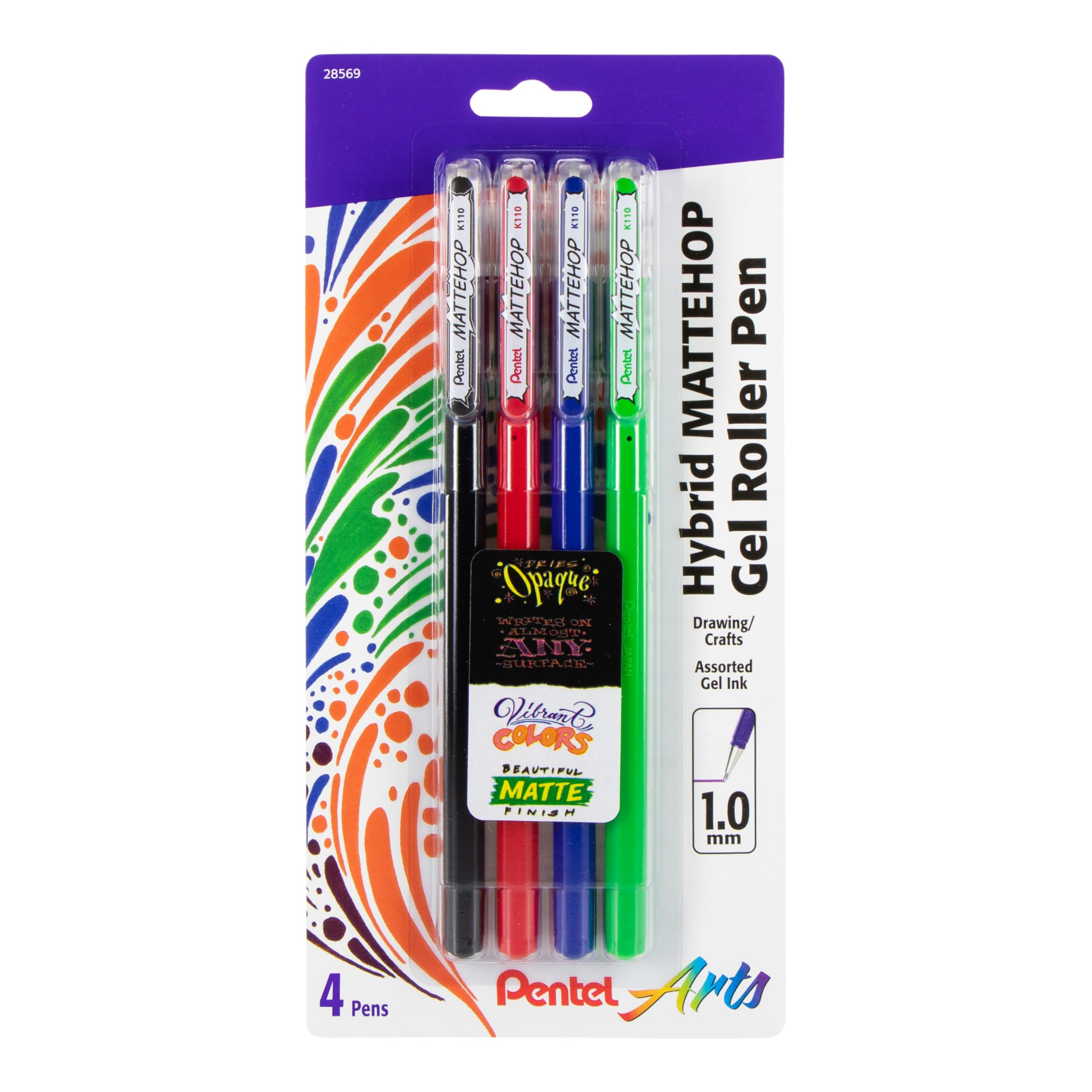 Pentel Arts Hybrid Mattehop Gel Roller, 1.0Mm, Matte Black, Matte Red, Matte Blue, Matte Green, Pack Of 4 Pens (K110Vbp4M)