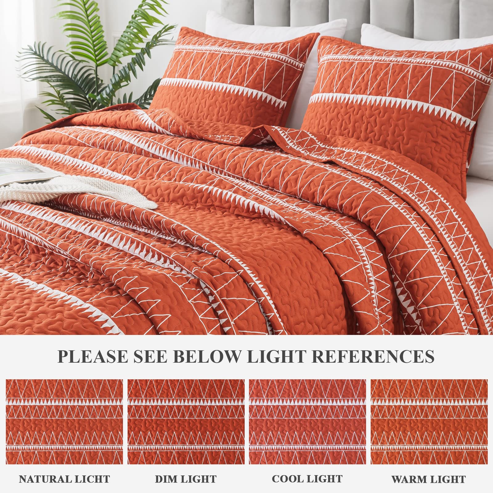 Andency Terracotta Quilt Set California King (112X104 Inch), 3 Pieces(1 Striped Triangle Printed Quilt And 2 Pillowcases), Burnt Orange Bohemian Summer Lightweight Reversible Bedspread Coverlet Sets
