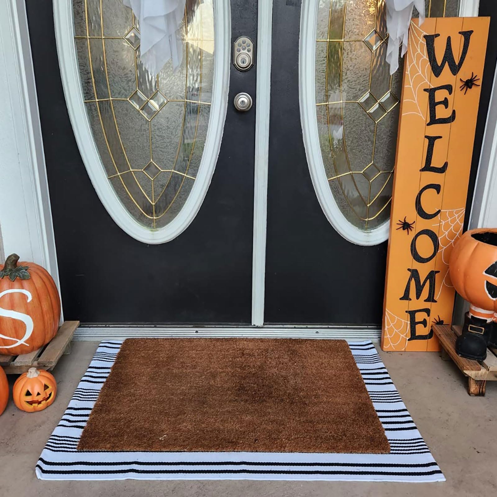 Black And White Striped Outdoor Rug Front Porch Rug 27.5'X43' Cotton Hand-Woven Welcome Mats Layered Door Mats For Front Porch