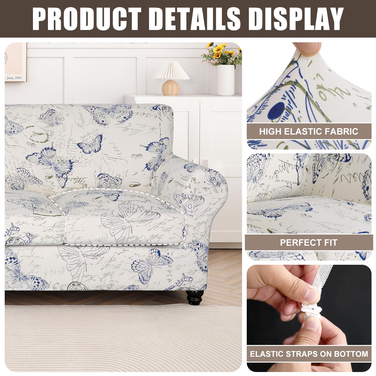 Searchi Stretch Sofa Cover Printed Couch Cover, Floral Pattern 3 Pieces Loveseat Slipcover With 2 Separate Cushion Cover, Washable Furniture Protector For Living Room(Loveseat, Butterfly Pattern)
