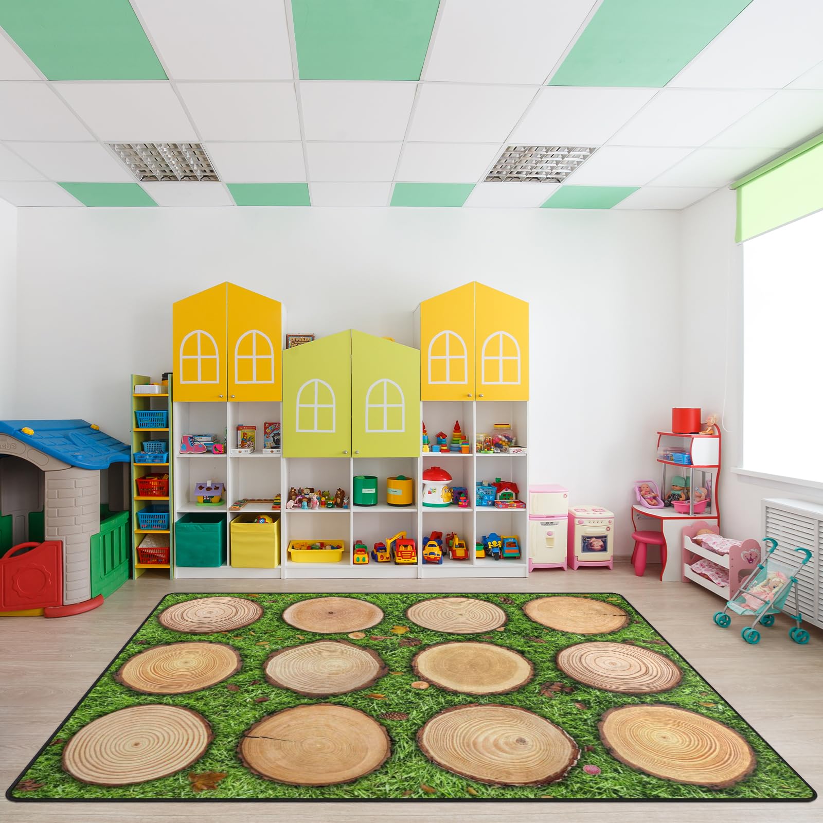 Kids Rug, Classroom Carpets Playmat Rugs - 6X9 Ft Kids Carpet With Rubber Backing, Green Grass Tree Stump Classroom Seating Rug