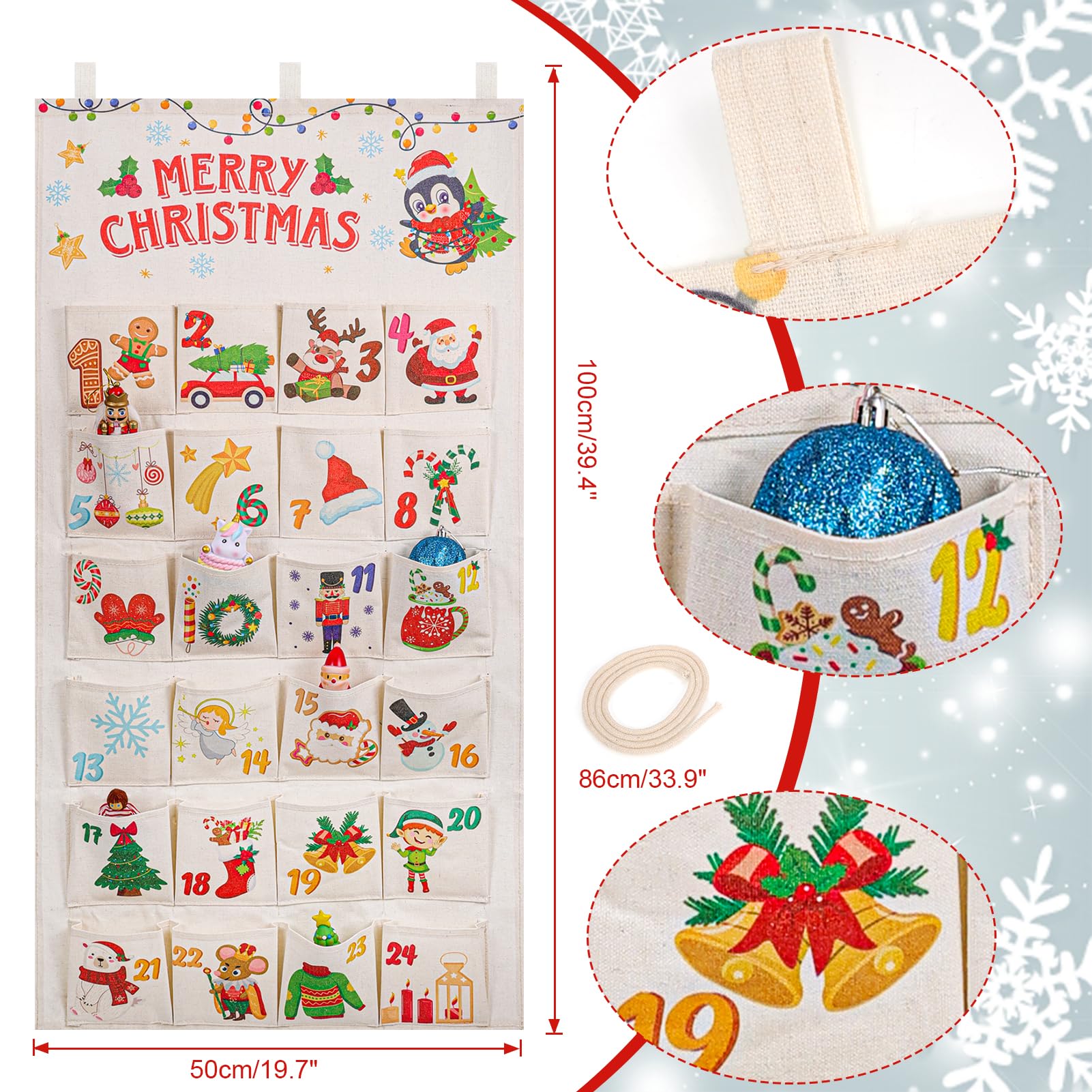 Howaf Fabric Christmas Advent Calendar (Countdown To Christmas), 24 Days Mystery Christmas Countdown Calendar With 24 Pockets Fo