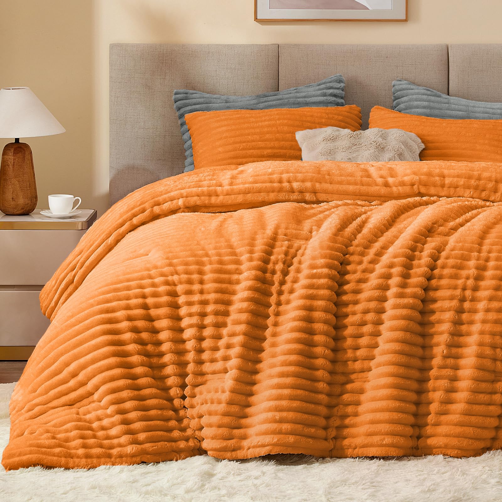 Bedelite Fleece Queen Comforter Set -Super Soft & Warm Fluffy Burnt Orange Bedding, Luxury Fuzzy Heavy Bed Set For Winter With 2