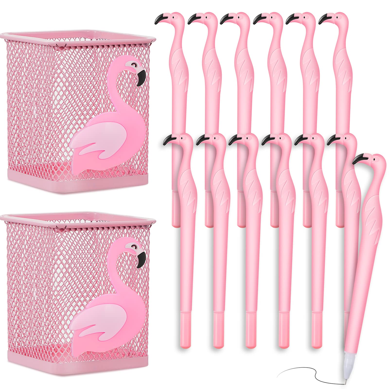 Henoyso 14 Pcs Metal Flamingo Pen Pencil Holder Cute Pink Pen Holder Flamingo Pens Pink Ink Pens Square Pencil Cup For Desk Offi