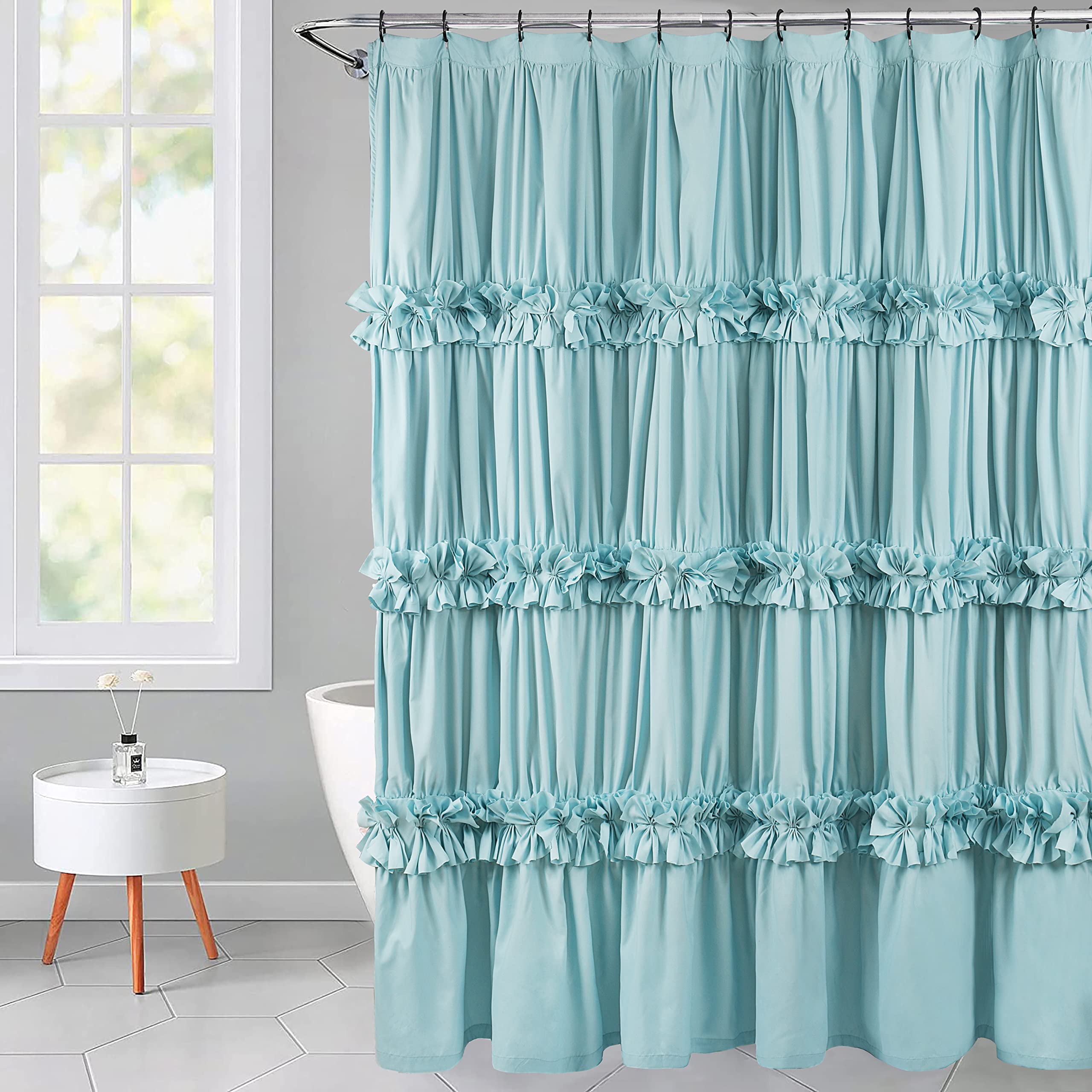 Homechoice Decor Spa Blue Ruffle Shower Curtain, Vintage Handcrafted Bow Tie Bath Curtain For Master Bathroom, Ruched Microfiber