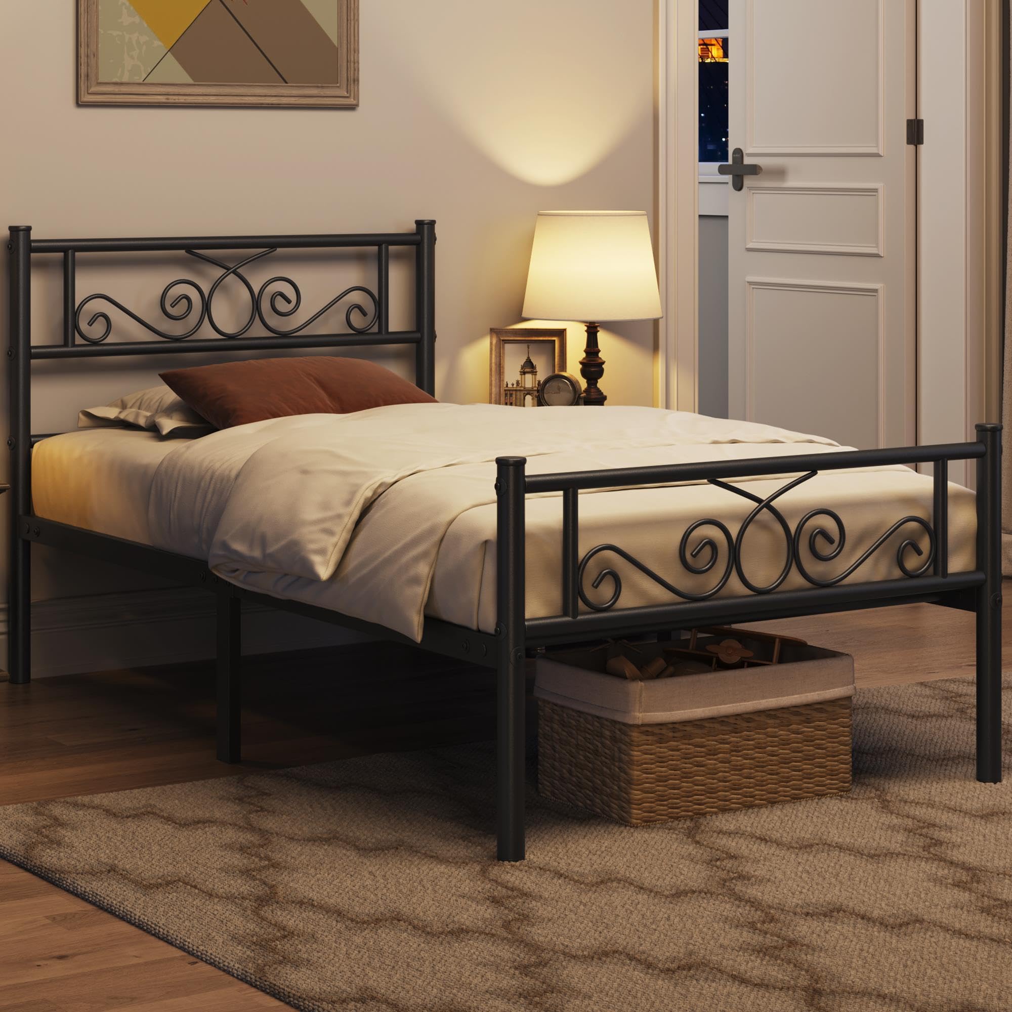 Yaheetech Twin Bed Frames Metal Platform Bed With Headboard And Footboard No Box Spring Needed Easy Assembly,Ground Clearance: 12.6''/Black/Twin Bed