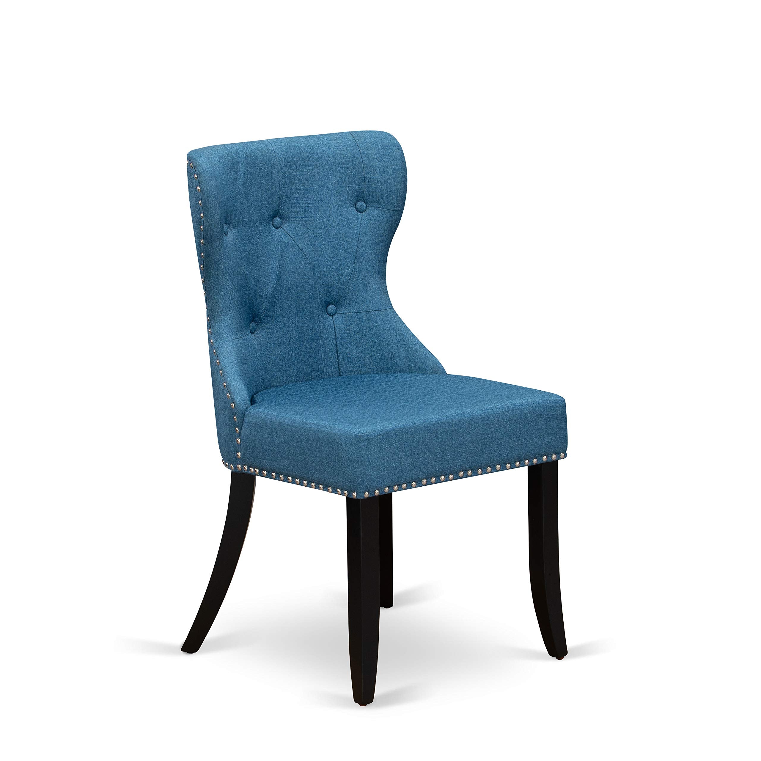 East West Furniture Ansi3-Abk-21 3 Piece Dining Set Contains A Round Kitchen Table With Pedestal And 2 Blue Linen Fabric Parson Dining Room Chairs, 36X36 Inch, Wirebrushed Black