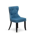 East West Furniture Ansi3-Abk-21 3 Piece Dining Set Contains A Round Kitchen Table With Pedestal And 2 Blue Linen Fabric Parson Dining Room Chairs, 36X36 Inch, Wirebrushed Black