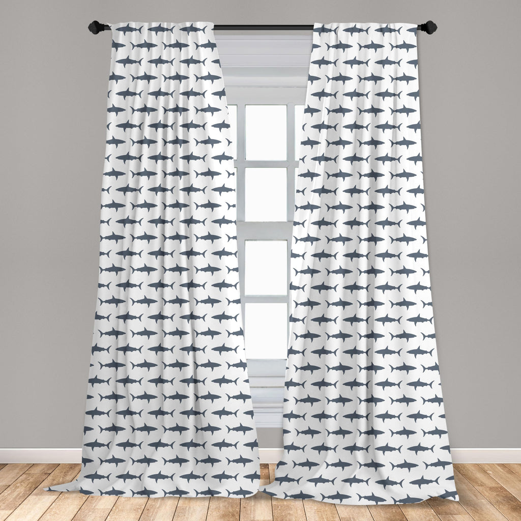 Ambesonne Sea Animals Window Curtains Pack Of 2, Sharks Swimming Horizontal Silhouettes Powerful Dangerous Wild Life, Lightweigh
