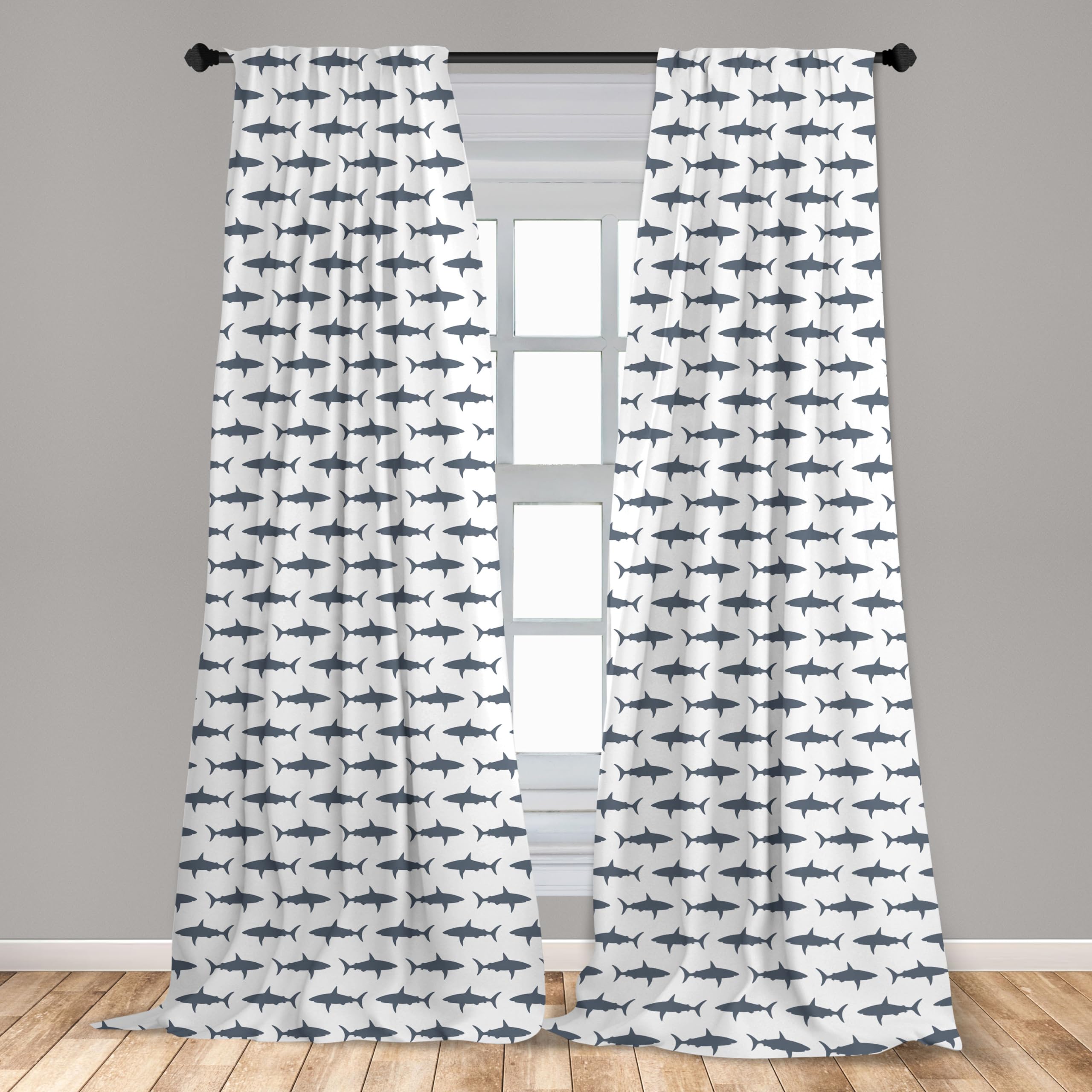 Ambesonne Sea Animals Window Curtains Pack Of 2, Sharks Swimming Horizontal Silhouettes Powerful Dangerous Wild Life, Lightweigh